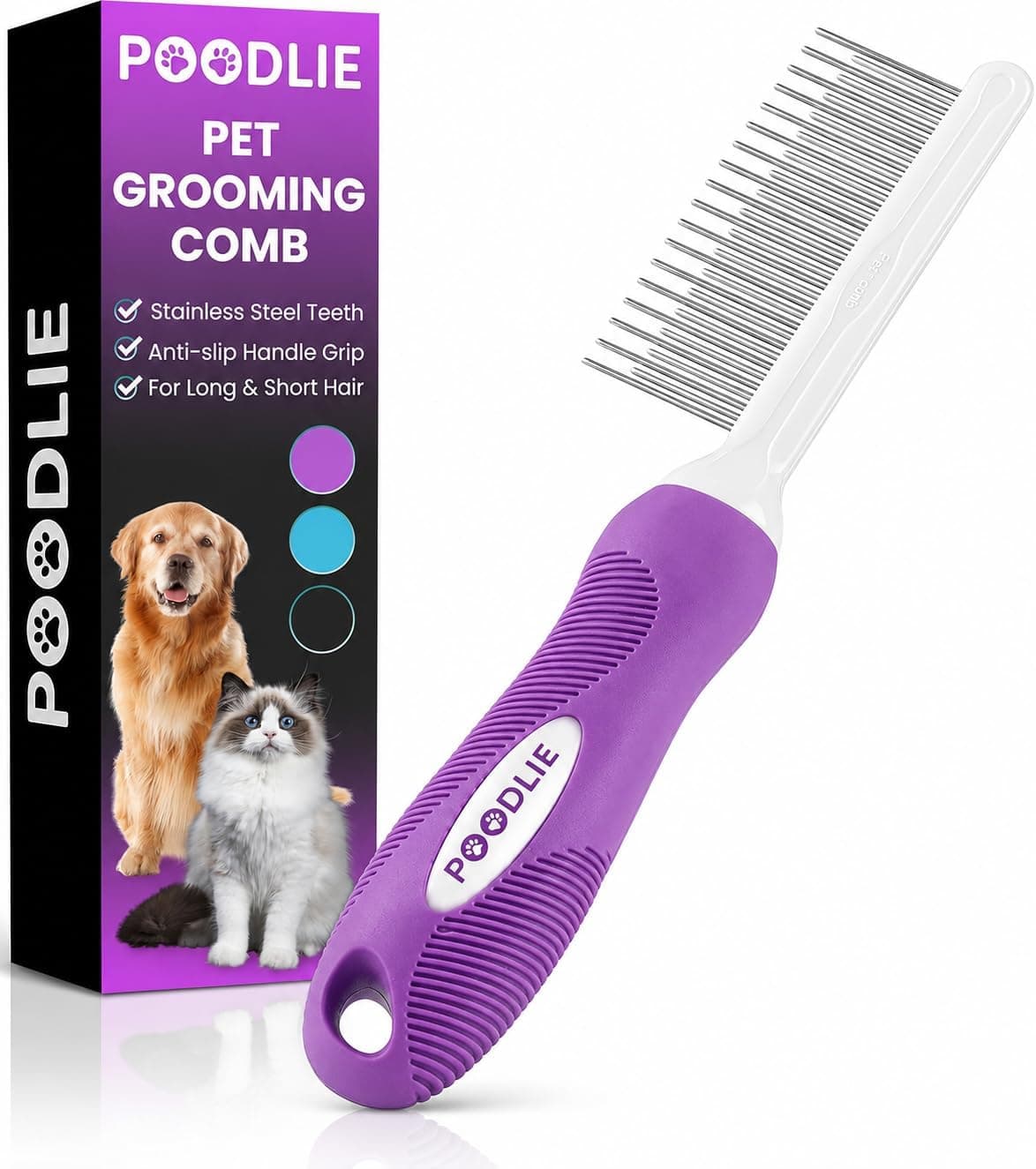 Peine para mascotas desenredante para caniches con dientes largos y cortos de acero inoxidable para quitar pieles enmarañadas, nudos y enredos – Accesorios para herramientas desenredantes para el aseo seguro y suave de perros y gatos