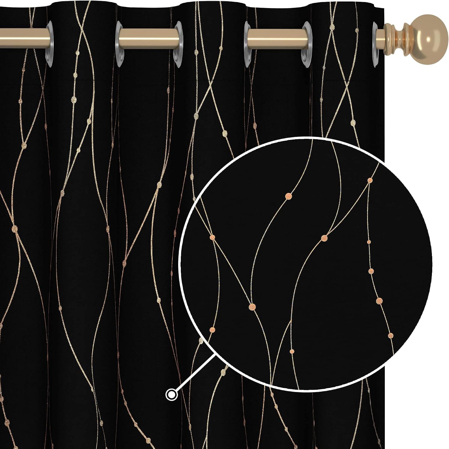 Deconovo Black Out Curtains 84 Inch Long, Curtains for Living Room Bedroom | Gold Dots Line Print Black Blackout Curtains, Thermal Insulated Window Drapes, Grommet Top, 52W x 84L Inch, Black, 2 Panels