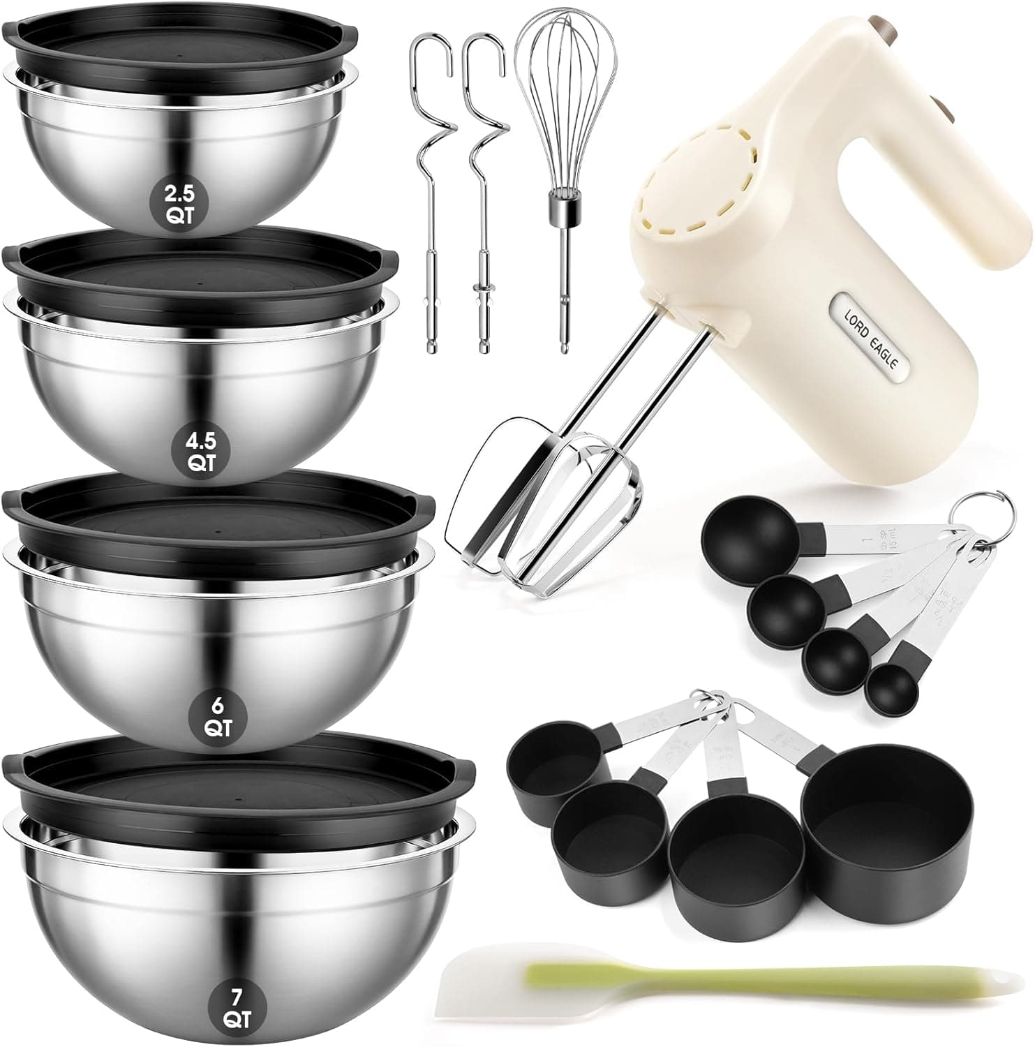 Batidora de mano eléctrica Lord Eagle de 5 velocidades con juego de 4 tazones para mezclar | Batidora de mano de cocina ligera de 300W con tazas y cucharas medidoras, tazones de acero inoxidable, suministros para hornear pasteles, crema