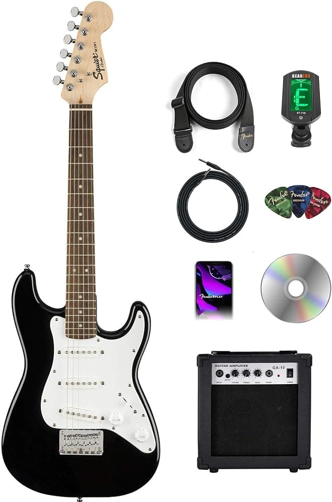 Fender Squier paquete de aprendizaje para aprender a tocar guitarra eléctrica Mini Strat para niños, tamaño 3/4, con amplificador, cable, afinador, correa, púas, lecciones en línea de Fender Play y DVD instructivo de Austin Bazaar, color negro
