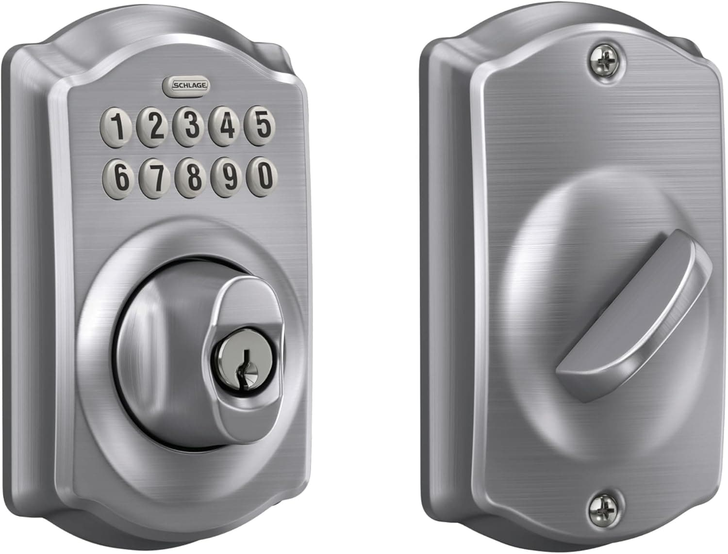 Cerradura electrónica con cerrojo con teclado Schlage, acabado Plymouth, cromo satinado | Cerradura de puerta de entrada sin llave, Cerrojo con teclado pulsador, Copia de seguridad de llave incluida, Seguridad certificada, Fácil instalación, BE365