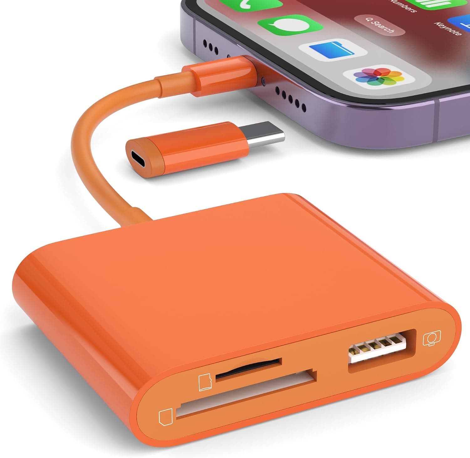 SD Card Reader for iPhone, Memory Card Reader with USB-C to Light-ning Adapter Plug and Play Trail Game Camera Micro SD Card Viewer Support SD/TF Card and USB for iPad No App Required (Orange)