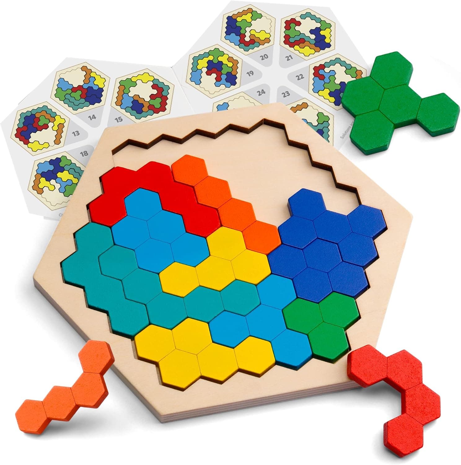 Rompecabezas hexagonal de madera de Coogam para niños adultos - Bloque de patrones de forma Tangram Rompecabezas Juguete Geometría Lógica Coeficiente intelectual Juego STEM Montessori Regalo educativo para todas las edades Desafío