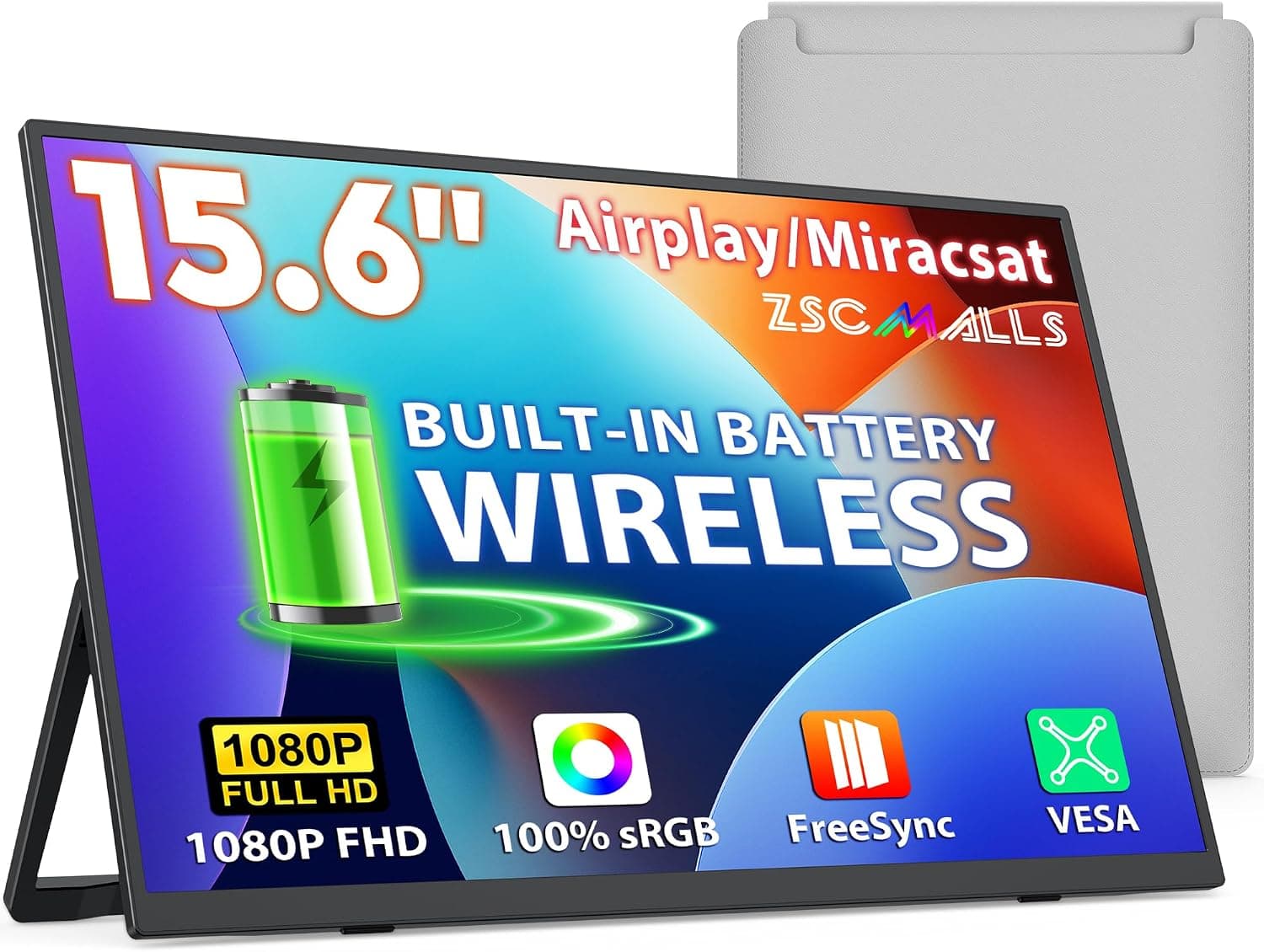 ZSCMALLS Monitor Portátil Inalámbrico con Batería, 8000mAh 15.6" 1080P IPS USB-C/HDMI Segunda Pantalla, Altavoces Incorporados, Soporte AirPlay/Miracast para Computadora Portátil/Teléfono/Tableta/Switch/Xbox, Bolsa de Transporte Incluida