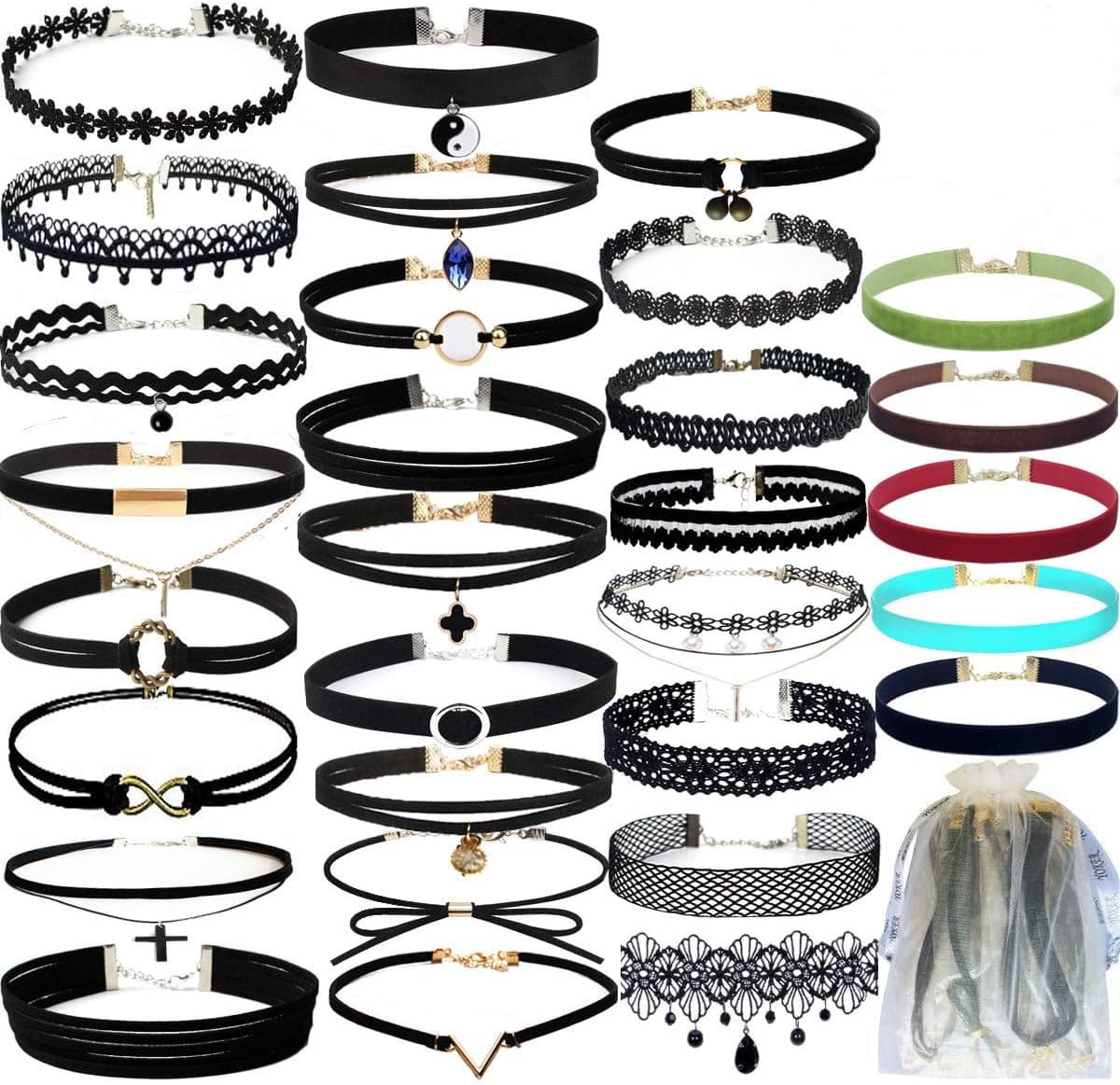 YOKER Juego de 30 Gargantillas de Terciopelo Negro para Mujer, Gargantillas de Encaje con Tatuaje gótico clásico Ajustable, Collar elástico para Fiesta, Cosplay, Navidad, cumpleaños