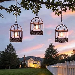 Linternas solares colgantes para exteriores, impermeables, paquete de 3 llamas parpadeantes | Linterna colgante decorativa con forma de jaula de pájaros de hierro oxidado, linternas alimentadas por energía Solar para decoración de jardín, árbol y camino