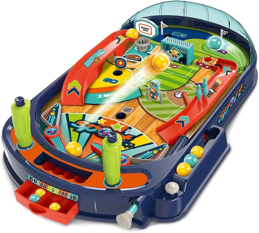 Máquina de pinball para niños: juego arcade de mesa con obstáculos, lanzador de varilla de tracción, aletas, objetivos de puntuación, alfileres y mini aro, mini pinball para 1 o 2 jugadores para niños a partir de 3 años