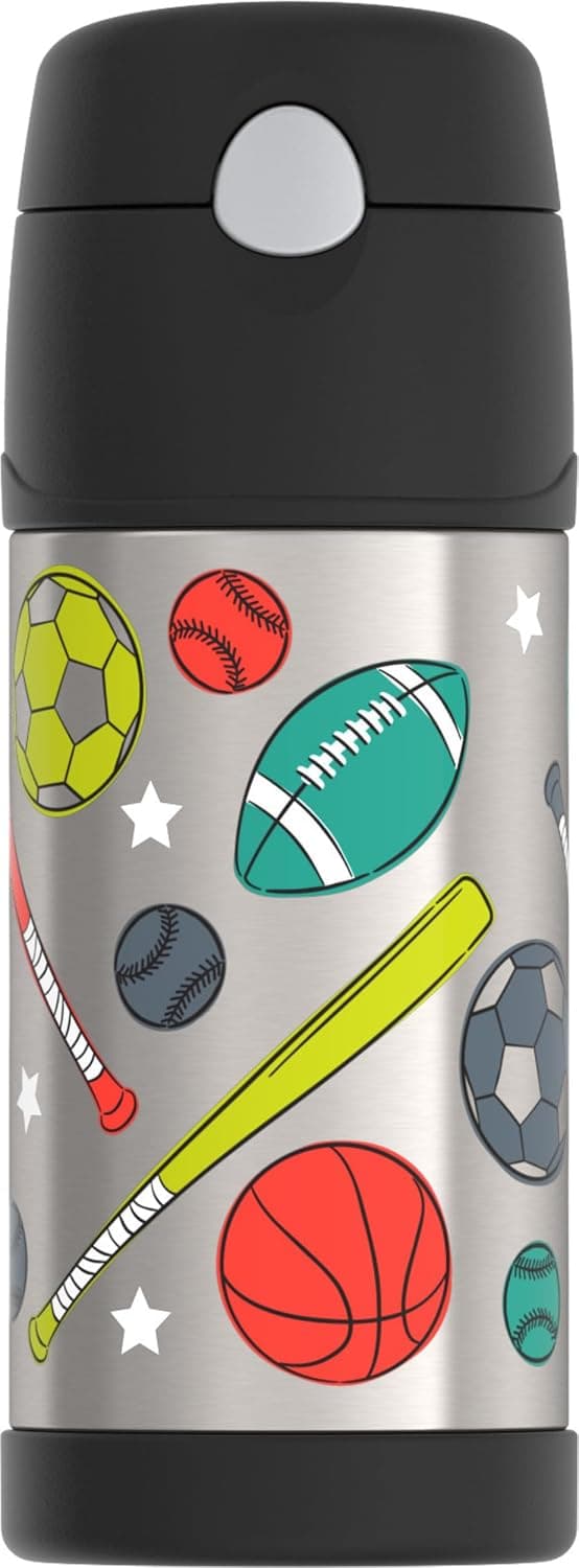 THERMOS FUNTAINER Botella de agua con pajita, 12 oz, Deportes | Botella de agua aislada de acero inoxidable para niños, mantiene las bebidas frías por más tiempo para la escuela y el juego, sin BPA