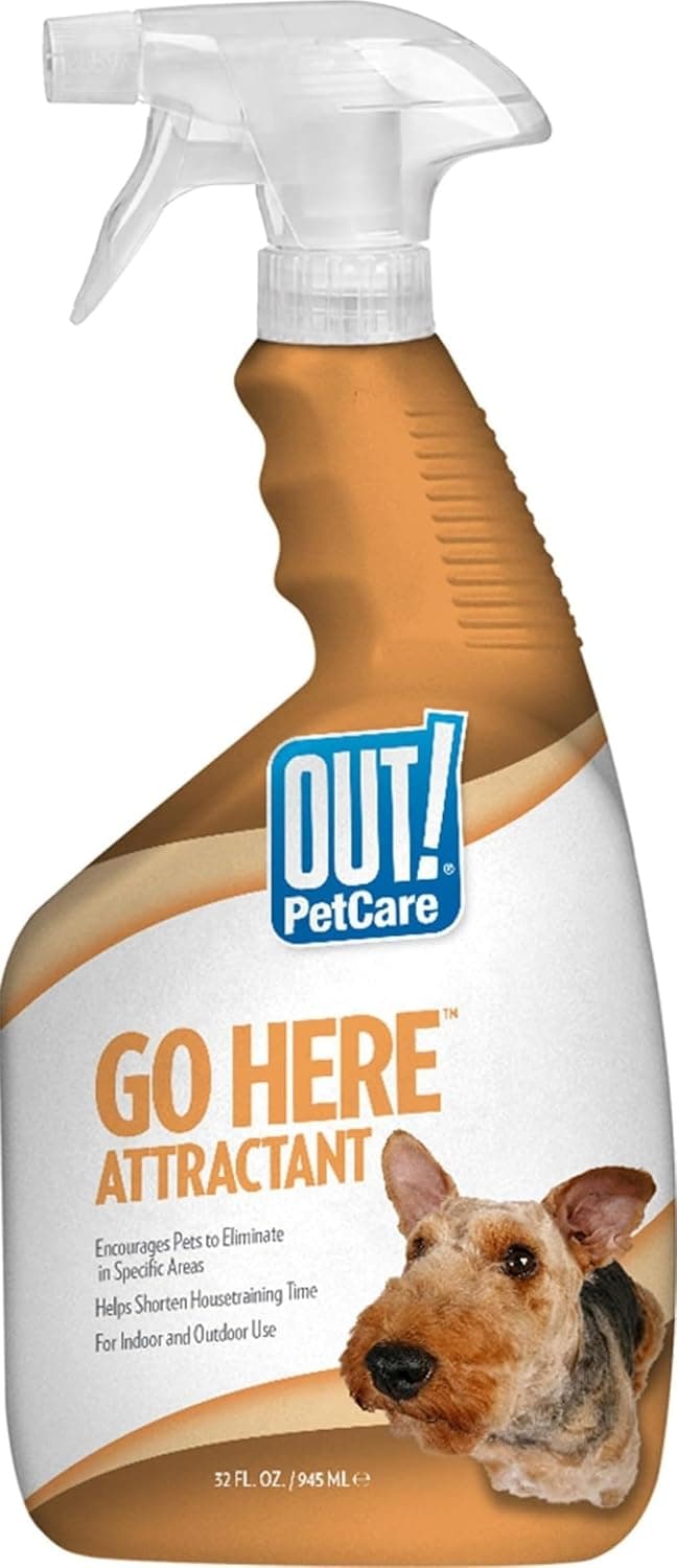 ¡AFUERA! PetCare Go Here Atrayente, spray de entrenamiento para ir al baño para perros, 32 oz | Spray para orinar para perros, entrenamiento para ir al baño para cachorros, limpieza de viviendas, interior y exterior, entrenamiento para orinar aquí, ayuda para el entrenamiento, fácil aplicación