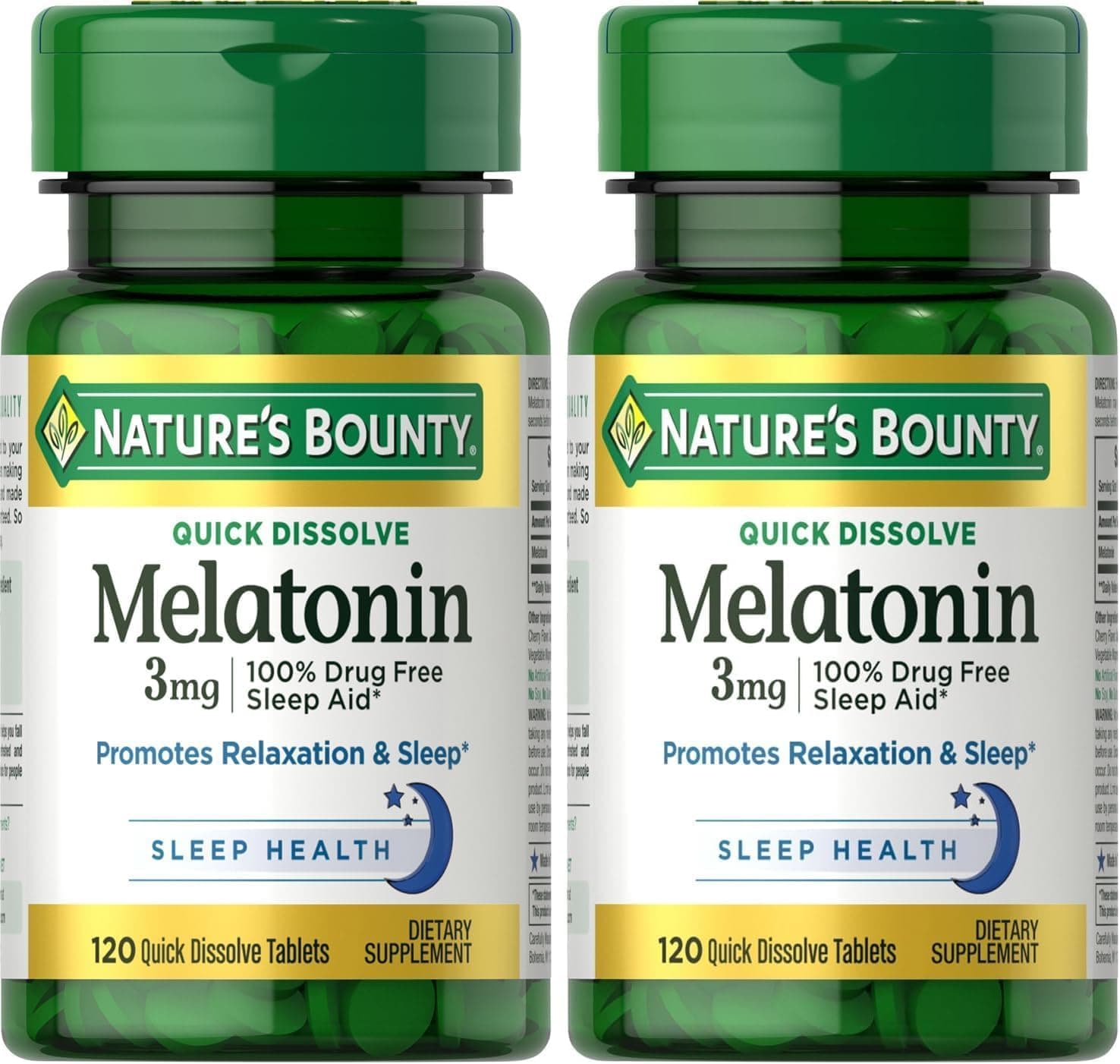 Melatonina de Nature's Bounty, promueve la relajación y el sueño, ayuda para dormir 100% libre de drogas, 3 mg, 120 tabletas de disolución rápida (paquete de 2)