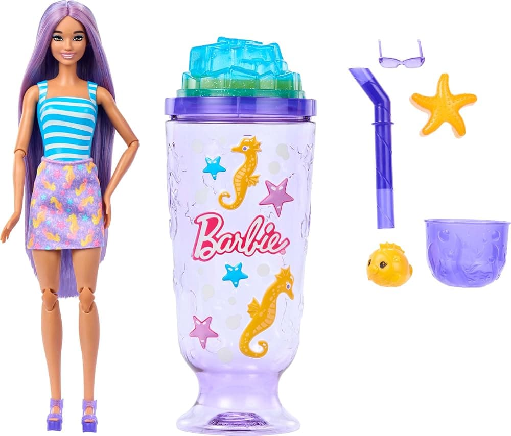 Pop Reveal Doll & Accessories, Pink Hair Sea Slushy Series | Fashion Doll & Pet, 8 Sorpresas Incluye Slime Sensorial, y Color Change Hair