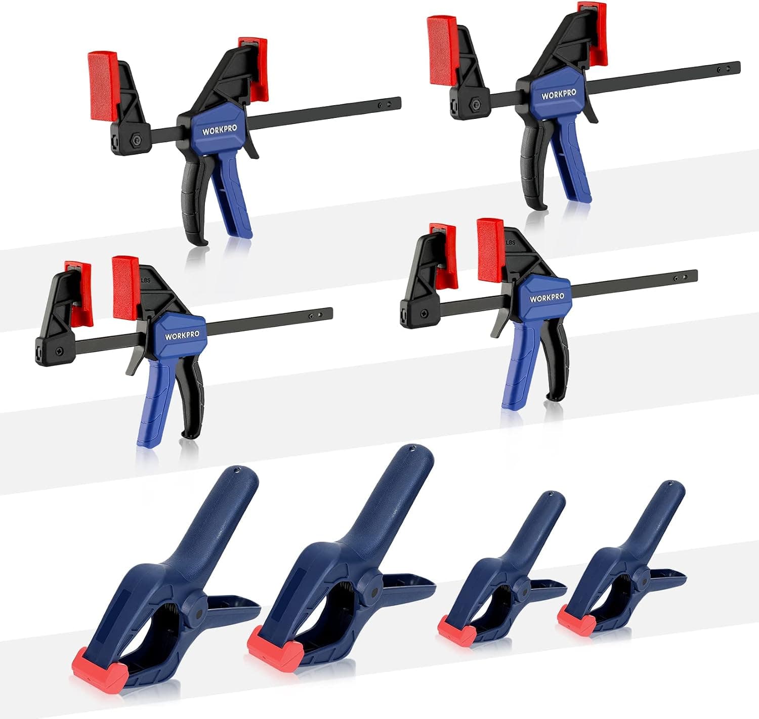 Abrazaderas de barra WORKPRO de 8 piezas, paquete de 4 abrazaderas de barra pequeña de 4-1/2"y 4 abrazaderas de resorte