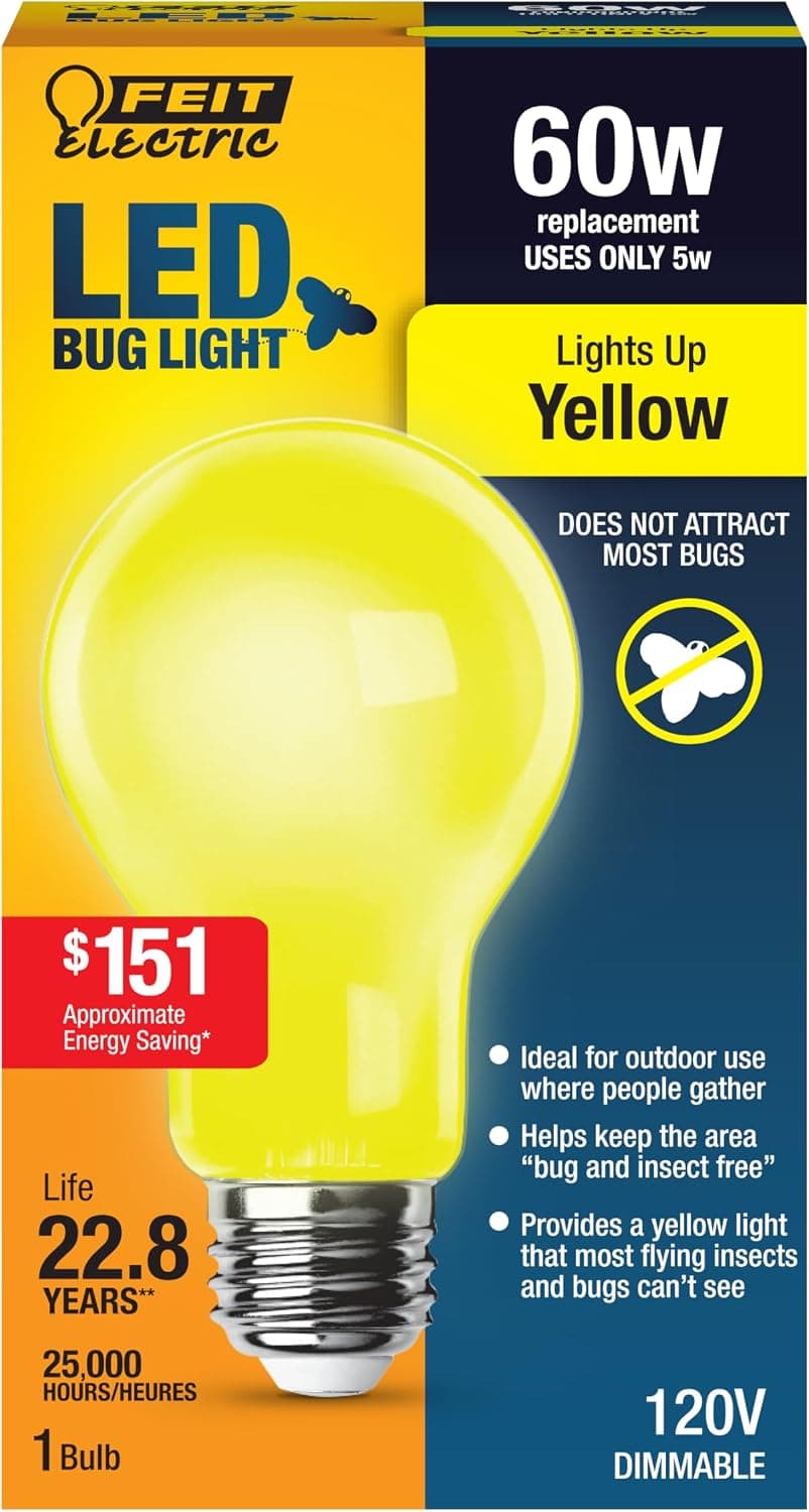 Feit Electric A19 Luz LED para insectos - Equivalente a 60 W, no regulable, base E26, amarillo - A19