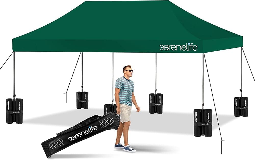 Tienda de campaña con dosel emergente 10x20: refugio instantáneo comercial plegable/plegable para sombra solar con carpa impermeable, bolsa de transporte portátil y bolsa de arena - SereneLife SLGZ20FG (verde bosque)