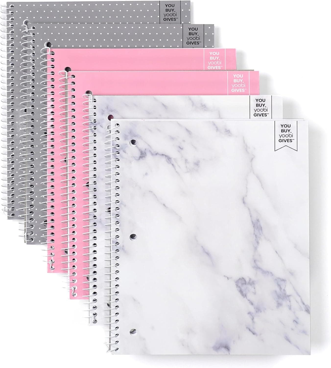 Cuadernos Yoobi College de 2 materias con rayas, paquete de 6, 150 hojas, 10,5 x 8 pulgadas | Hojas perforadas con 3 orificios, páginas perforadas, 100 a 150 hojas, paquete múltiple (paquete de 3 o 6), impresiones y diseños divertidos