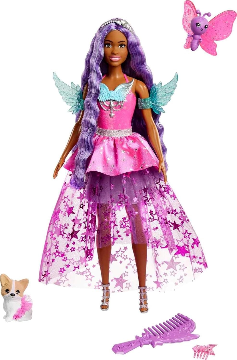 Muñeca Barbie A Touch of Magic Fashion, Brooklyn con vestido con detalles de alas, cabello colorido de 7 pulgadas de largo, 2 mascotas de fantasía y accesorios