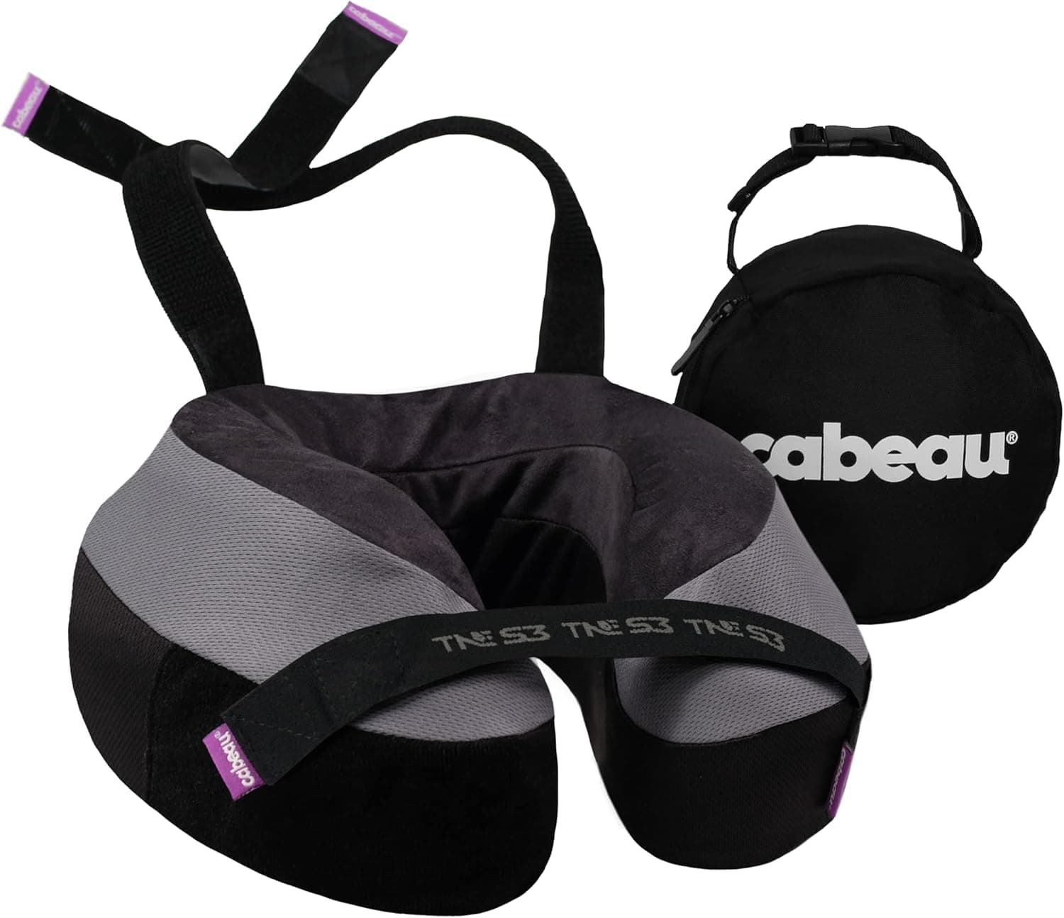 Almohadas de viaje Cabeau para aviones – The Neck’s Evolution, TNE S3 – Diseño de espuma viscoelástica de apoyo para vuelos de larga distancia – Correas de asiento acoplables y soporte de 360° (Gris Berlín)