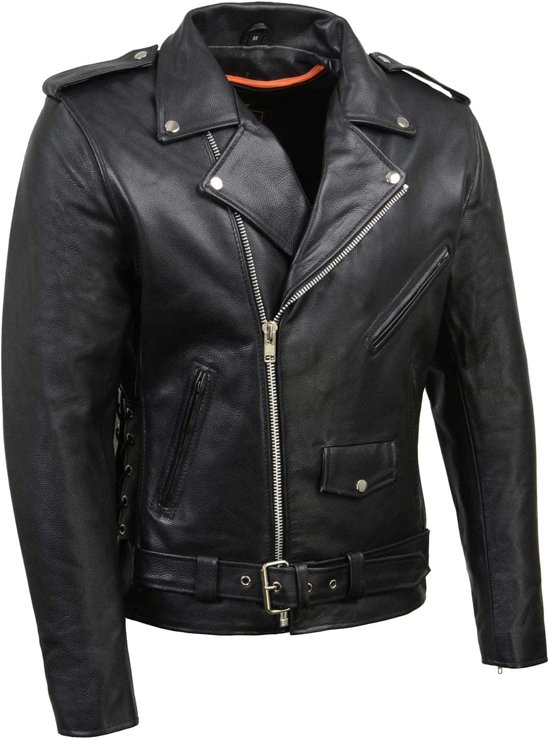Milwaukee Leather SH1011 Chaqueta clásica de cuero Brando Premium para hombre, color negro, para motociclistas, con cordones laterales