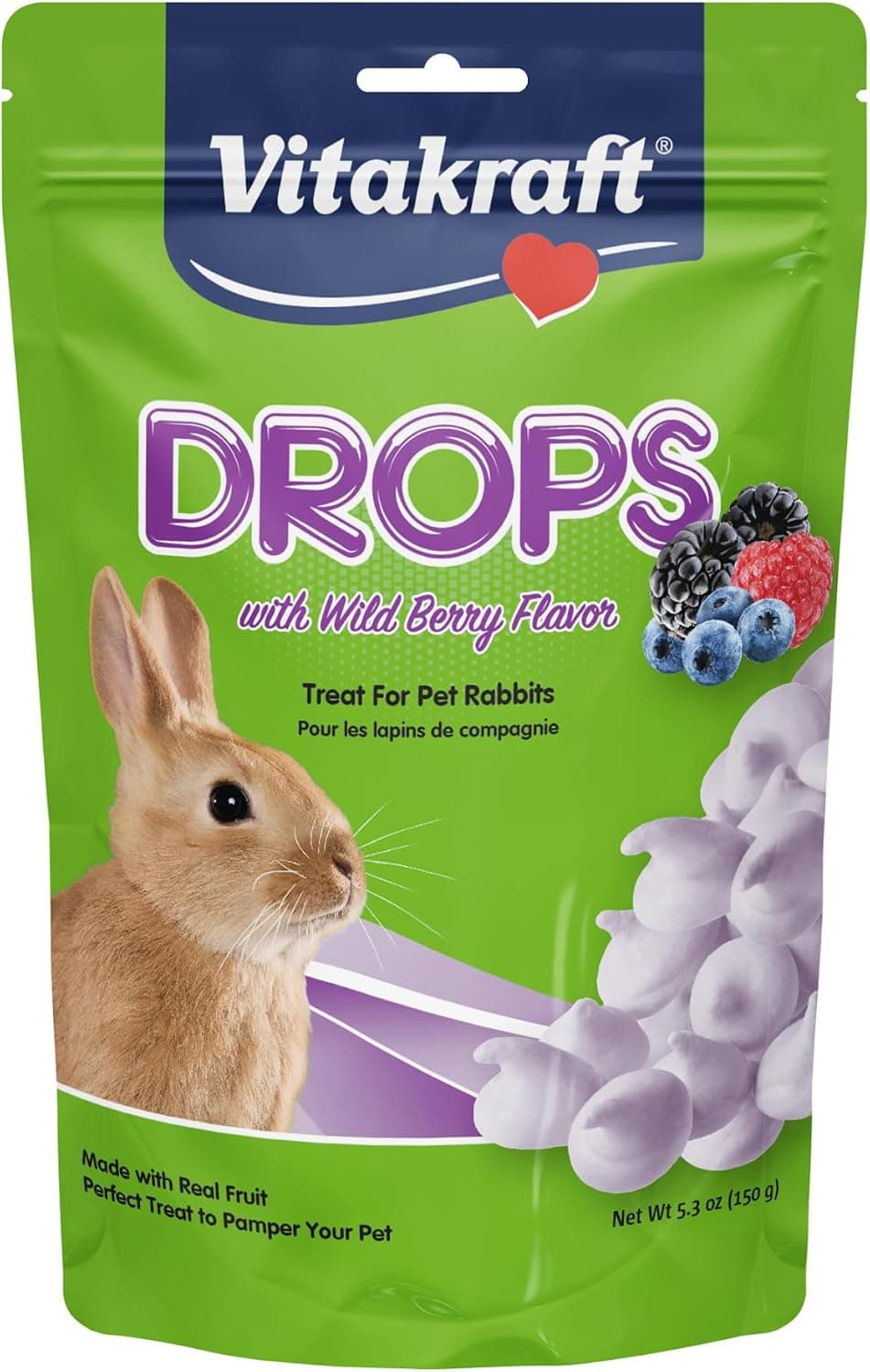 Vitakraft Drops Golosinas para conejos con sabor a bayas silvestres - 5.3 oz Deliciosos bocadillos a base de yogur para conejos, cobayas, hámsteres, jerbos, ratones, ratas, chinchillas y otros animales pequeños.