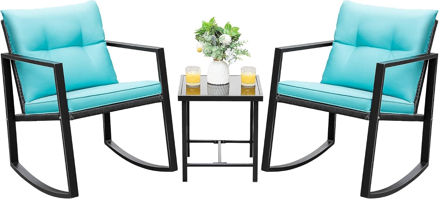 Devoko Juego de muebles de patio de 3 piezas, mecedora de mimbre para exteriores, azul | Juegos de conversación de patio de ratán PE, juegos de bistró de 2 con mesa de centro de vidrio para porche, balcón, jardín, junto a la piscina