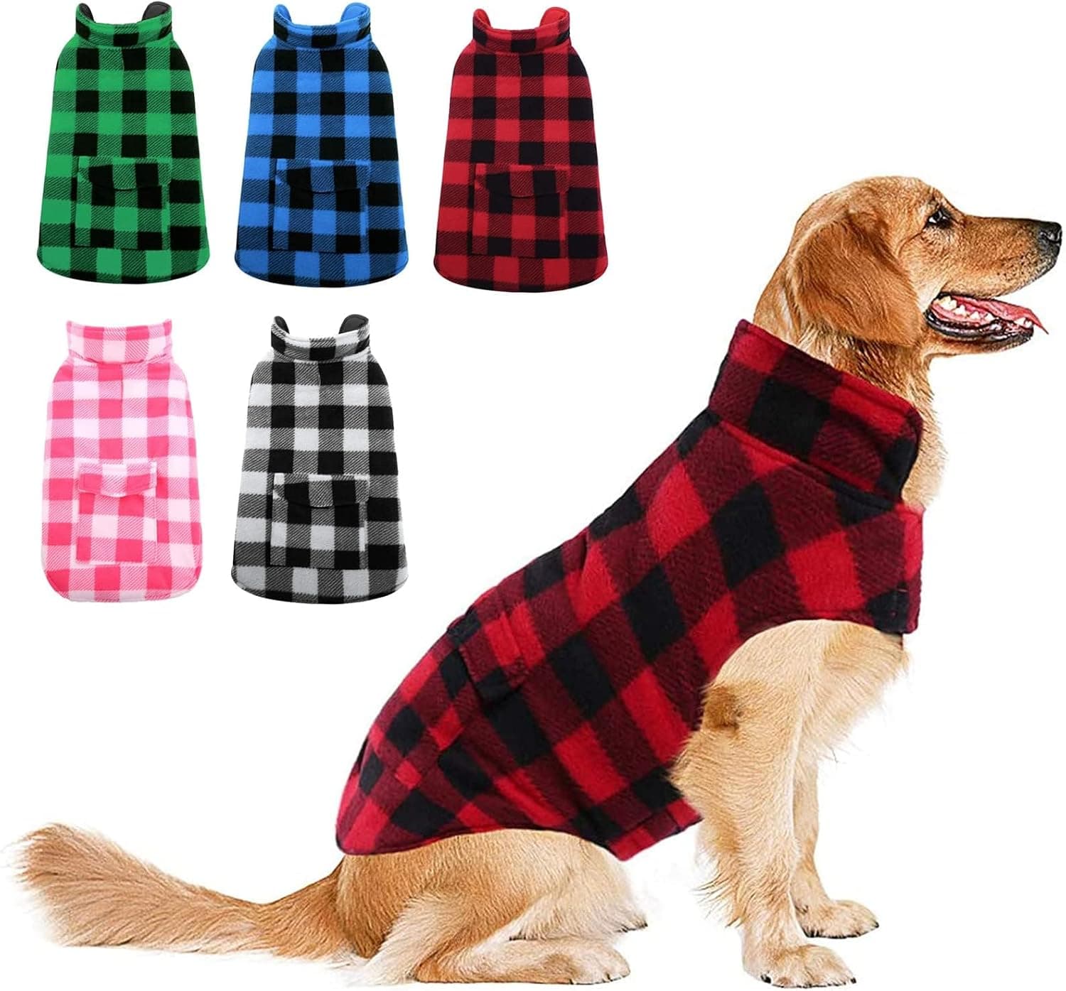 ASENKU Abrigo de invierno reversible para perros pequeños, medianos y grandes | Forro polar a cuadros resistente al viento para climas fríos, capa exterior resistente al agua, chaleco acolchado para cachorros con orificio para correa, rojo M