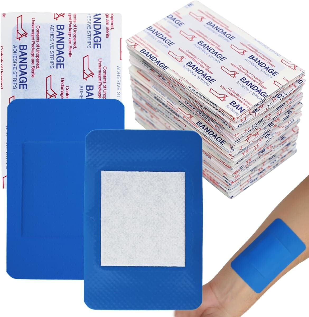 100 vendajes detectables de metal azul suministros de primeros auxilios, vendajes impermeables para la punta de los dedos con almohadillas antiadherentes, sin látex para la industria, restaurante de alimentos, cuidado de heridas y protección de lesiones