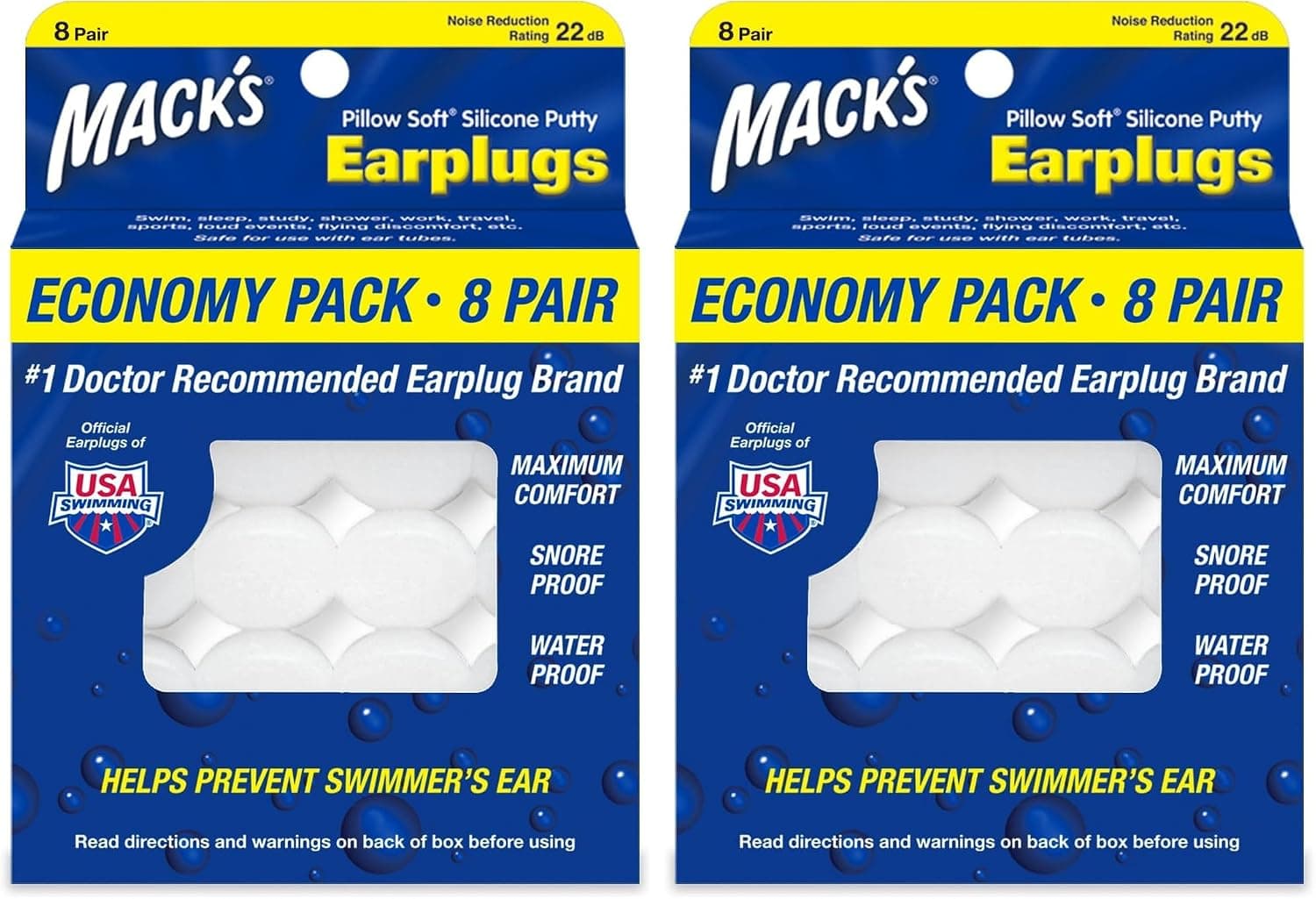 Mack's Pillow Tapones para los oídos de silicona suave, 8 pares: los tapones para los oídos de masilla de silicona moldeables originales para dormir, roncar, nadar, viajar, conciertos y estudiar | Fabricado en Estados Unidos (paquete de 2)