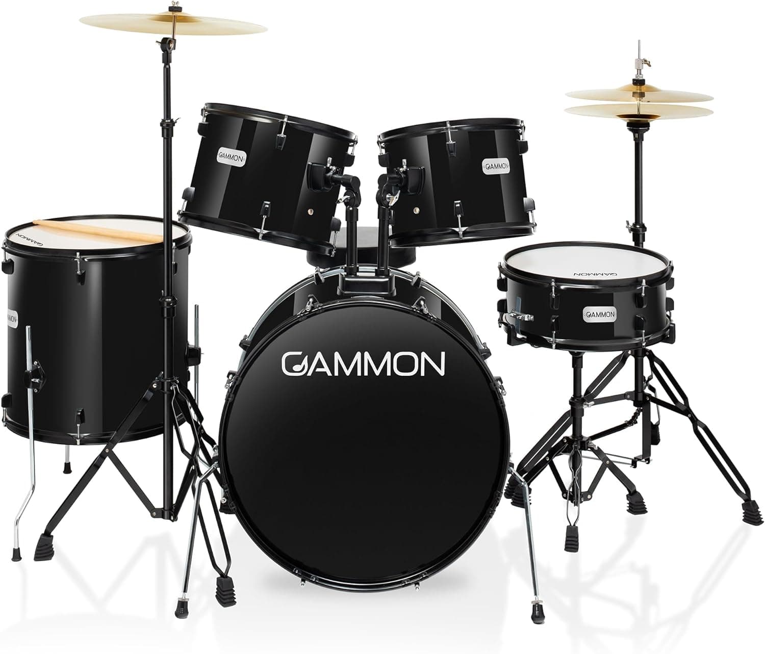 Gammon Percussion Juego completo de batería para adultos de 5 piezas, tamaño completo, con platillos, soportes, taburete y baquetas, color negro