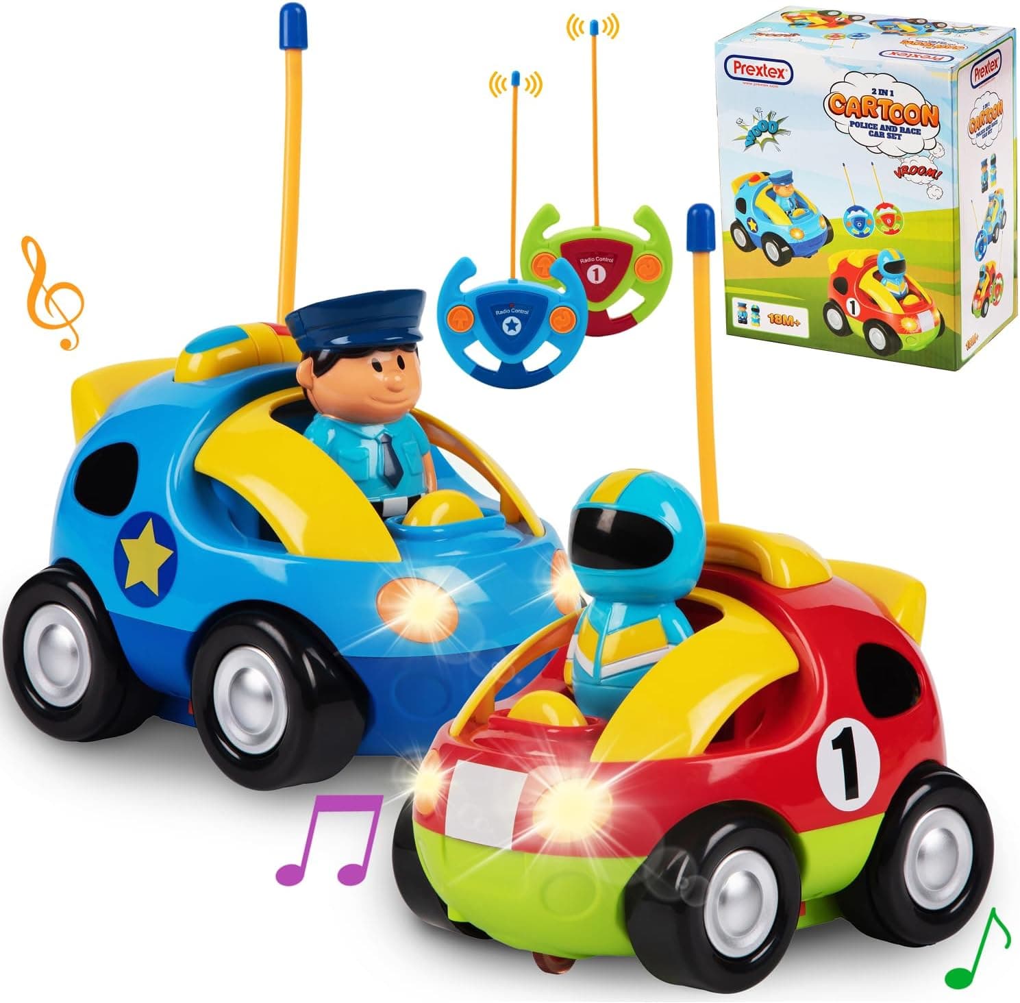 PREXTEX 2 Pack Cartoon Remote Control Cars for Toddlers - Police Car and Race Car with Steering Wheel Controllers and Lights - Different Frequencies Racing Together - Easter Toddler Gift 18+ Months.