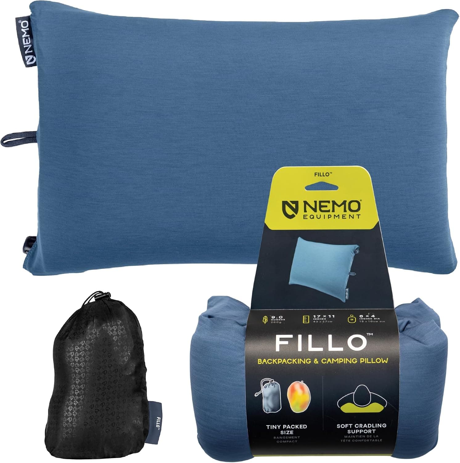 Almohada de camping NEMO Equipment Fillo - Horizonte azul/Azul degradado | Comodidad empacable, Acolchado de espuma, Soporte aéreo, Viajes, Mochilero