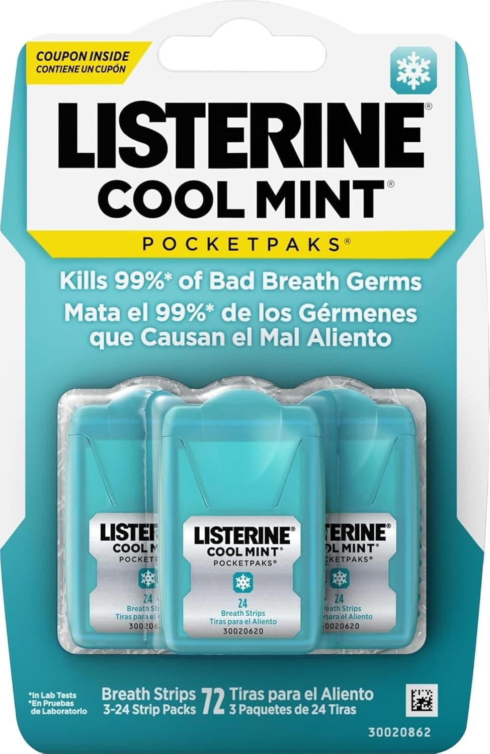Listerine PocketPaks Breath Strips, Cool Mint, 24-Strip Pack, 3 Pack | Breath Freshener, Dissolves Instantly, Kills 99% of Bad Breath Germs, Travel Essentials