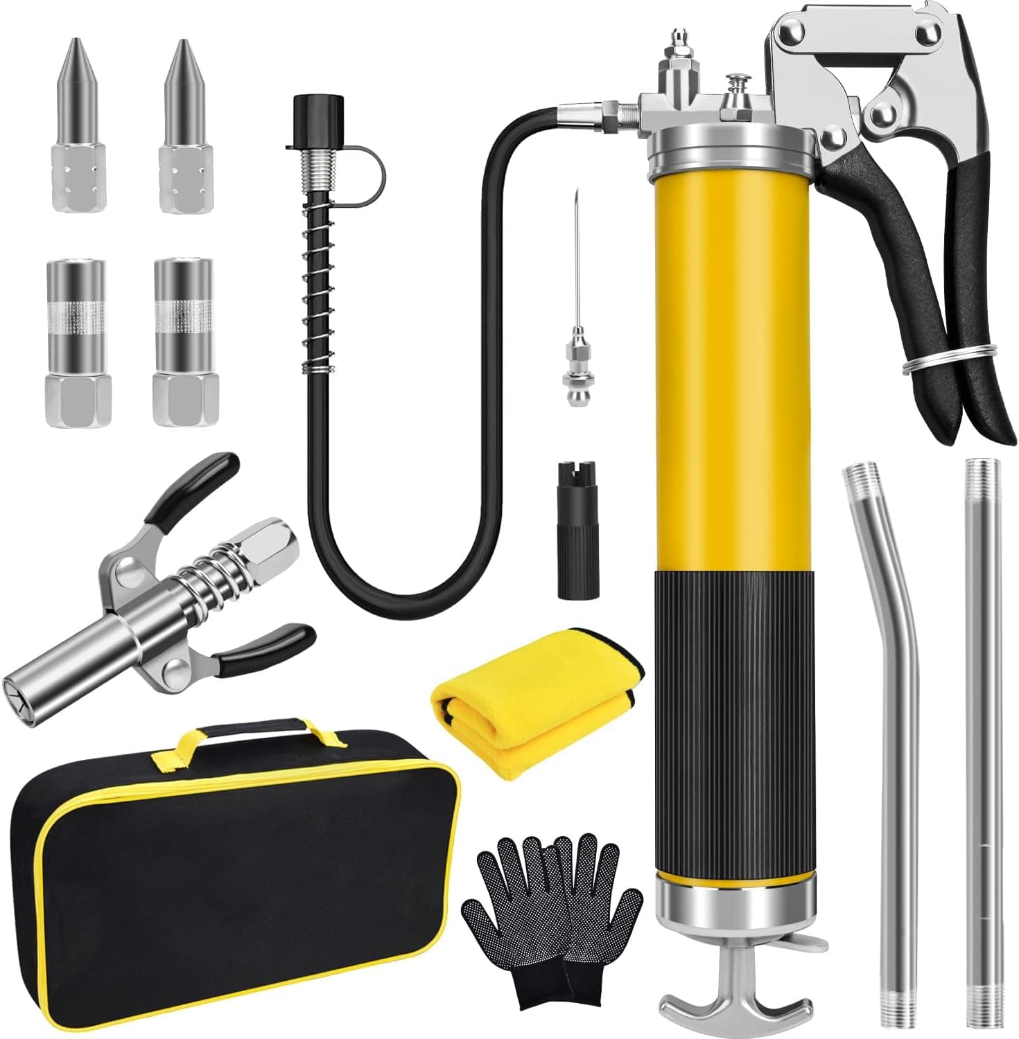 Kit de pistola engrasadora, pistola engrasadora de agarre de pistola resistente de 7000 PSI con capacidad de 14 oz, incluye manguera flexible de resina de 18 pulgadas, acoplador de grasa de doble mango y otros accesorios, pistola engrasadora para automoción, marina