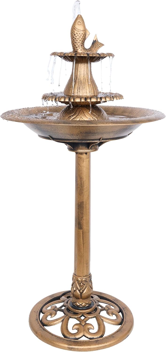 Alpine Corporation 40" Tiered Pedestal Fish Fountain Birdbath, Cascading Outdoor Water Feature for Garden, and Backyard Décor, Gold