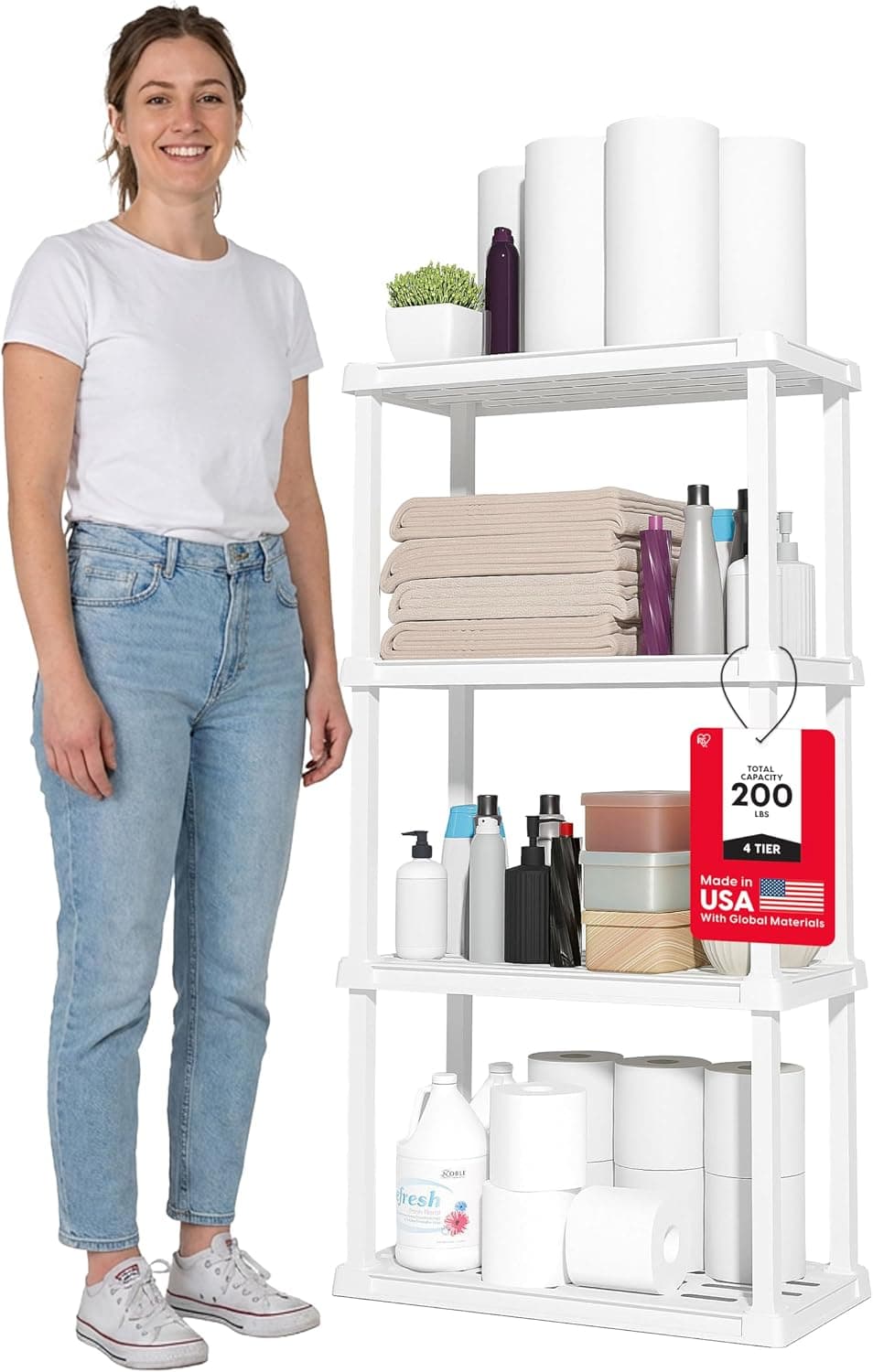 Estantes de almacenamiento de plástico IRIS USA | Fabricado en Estados Unidos | 48"H x 24"W x 12"D - Blanco | Organizador de estante liviano de 4 niveles, capacidad total de 200 lb, 50 lb por estante, estantería para baño, lavandería, hogar y despensa