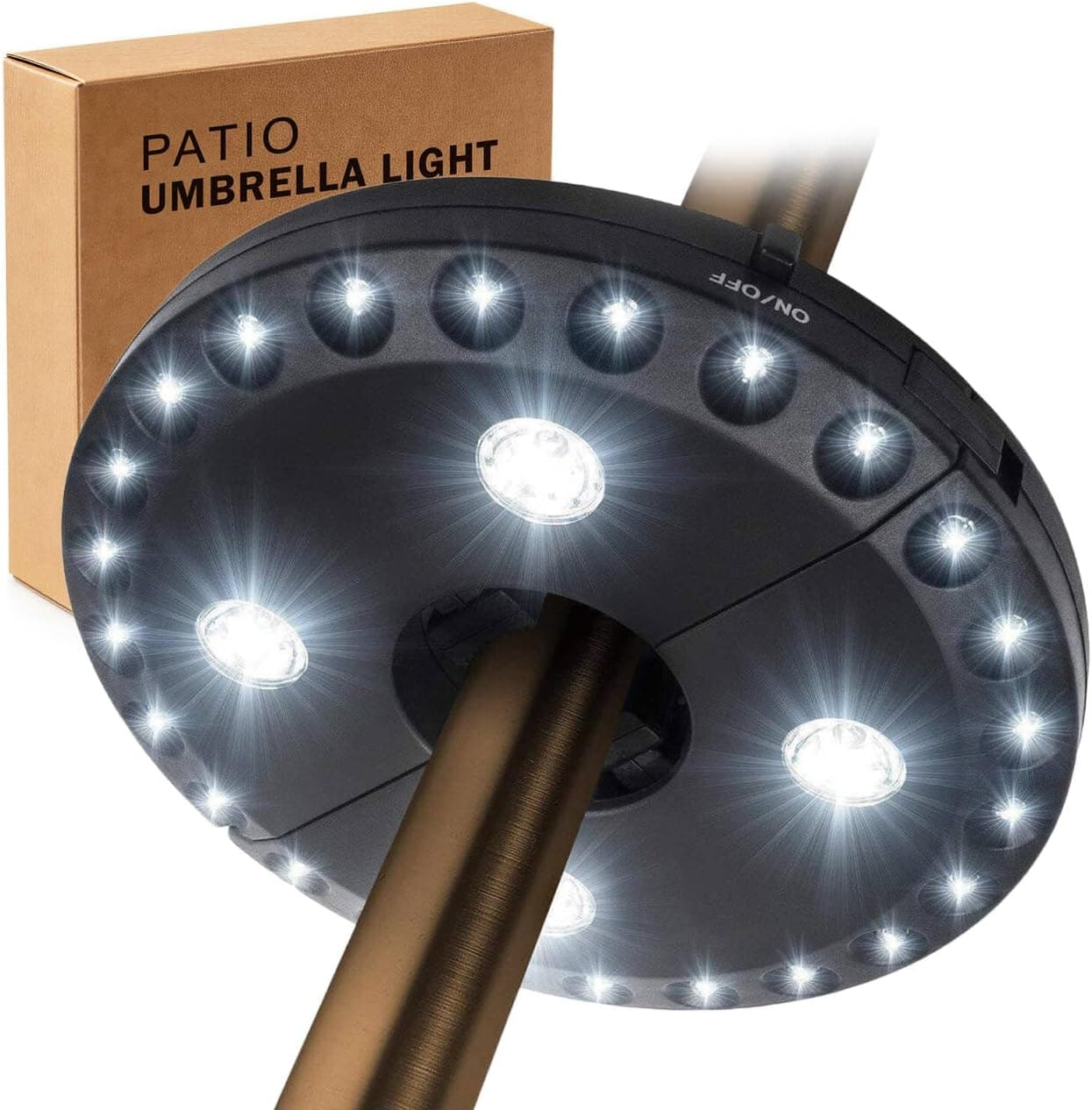 Luz para sombrilla de patio, 3 modos de brillo, inalámbrica, con 28 LED de color blanco frío, 4 luces para sombrilla con pilas AA, se adapta a postes de sombrilla de 1,15 a 2 pulgadas, para sombrillas de patio, tiendas de campaña y uso en interiores