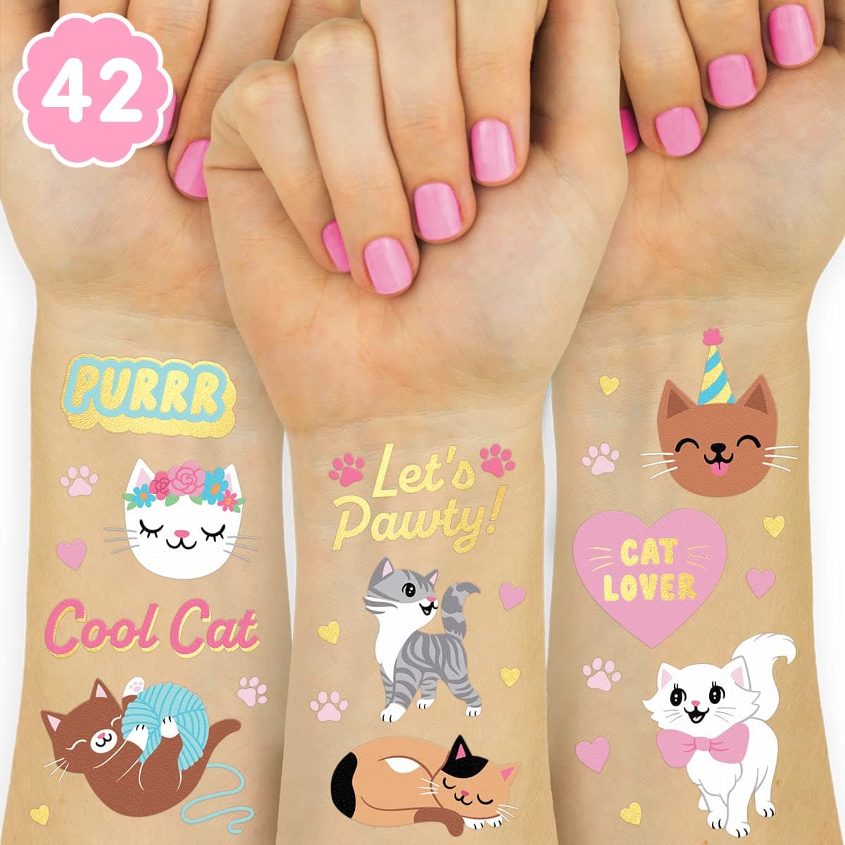 xo, Fetti 42 Tatuajes Temporales de Gatos | Fiesta de Favoritos de Cumpleaños de Animales para Niños | Estilos de Brillo, Suministros, Amante de las Mascotas, Artes y Manualidades Meow