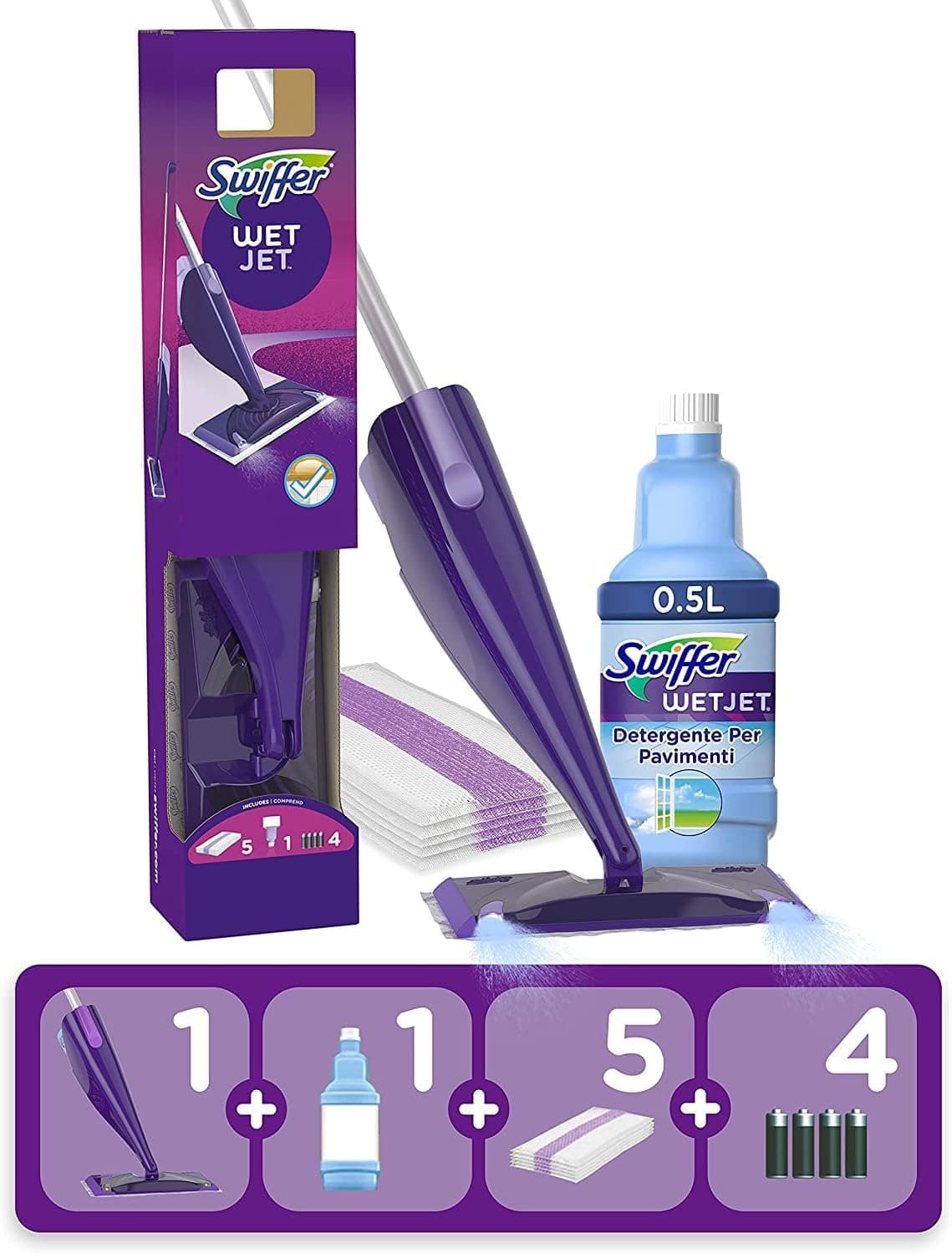 Mopa de piso Swiffer WetJet, kit de inicio, incluye: 1 WetJet, 5 almohadillas, 1 solución de limpieza y 4 baterías