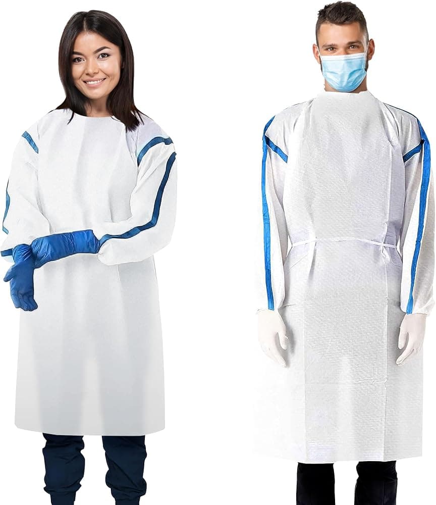 Bata de aislamiento desechable blanca AMZ Medical Supply, mediana. Paquete de 5 batas de 35 GSM SMS PPE. Bata con equipo de protección personal. Batas de aislamiento médico con mangas, corbatas de cuello y cintura, muñecas elásticas