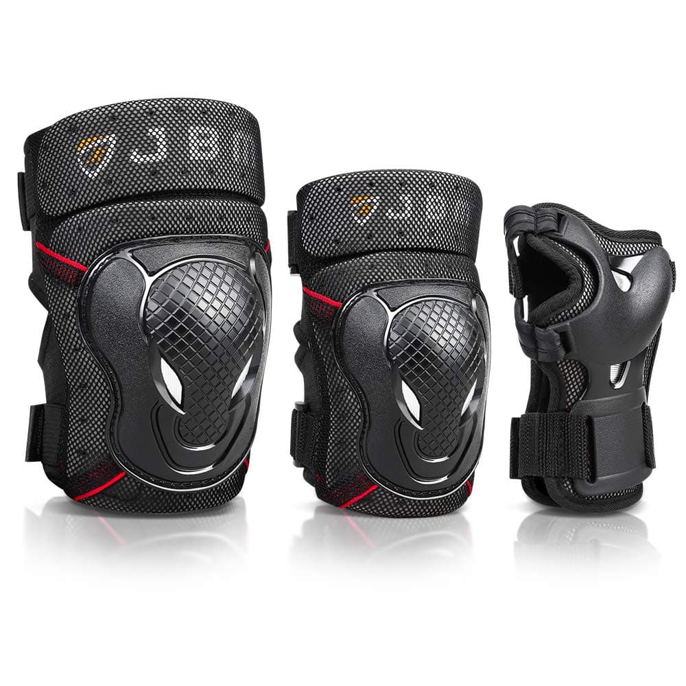 JBM Rodilleras y coderas para bicicleta para adultos y jóvenes con muñequeras, juego de equipo de protección para ciclismo, equitación, ciclismo y scooter multideportivo, monopatín