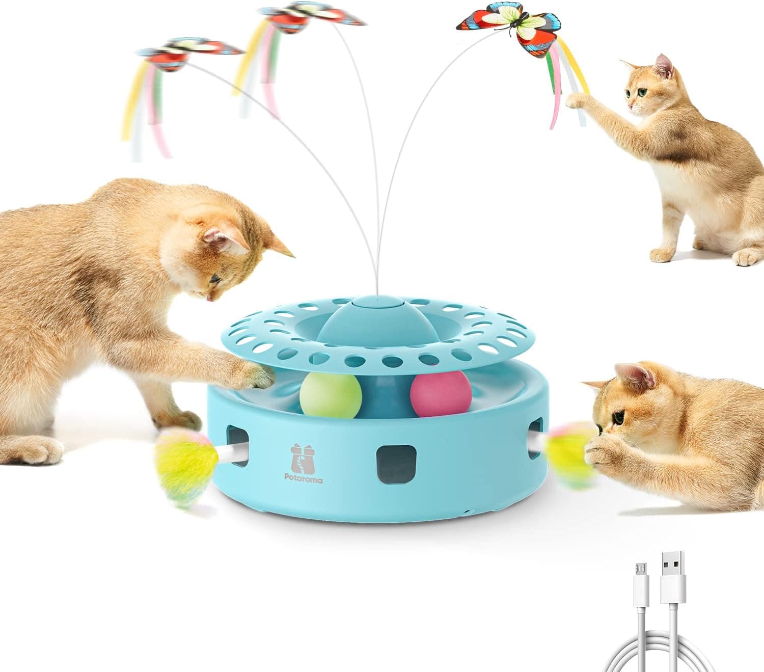 Potaroma Cat Toys Juguete interactivo automático 3 en 1 para gatitos, mariposa revoloteando, pluma de emboscada en movimiento aleatorio, bolas de seguimiento, fuentes de alimentación duales, alimentación por USB, pateador de gato para ejercicio en interiores (azul) | Mariposa revoloteando, pluma en movimiento aleatorio, bolas, fuentes de alimentación duales, alimentación por USB, pateador de ejercicio para gatitos en interiores (azul)