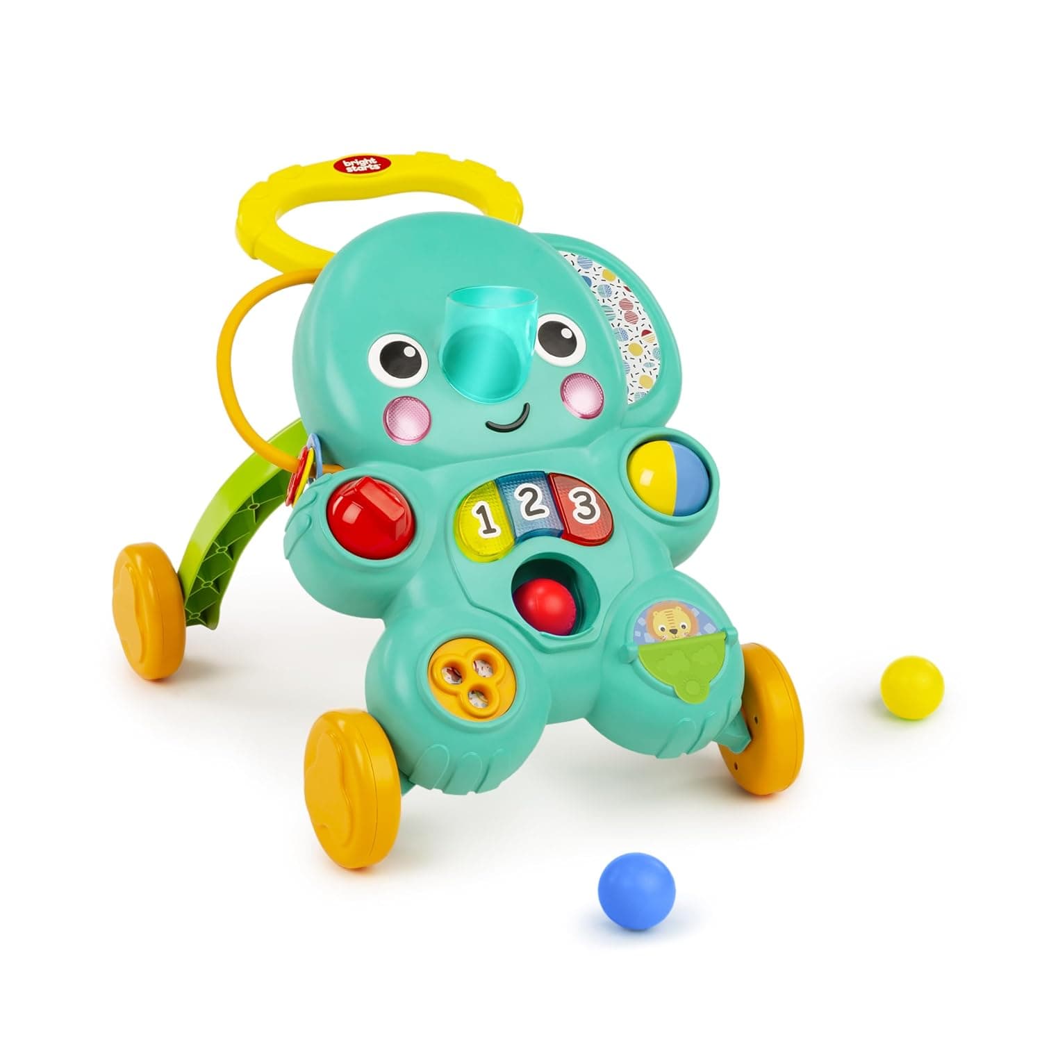 Bright Starts Stroll 'n Roll Andador de empuje de bolas 2 en 1: incluye 3 pelotas de juguete, elefante con más de 70 canciones y sonidos, 7 actividades: caída de pelota, piano, giro, libro plegable y más