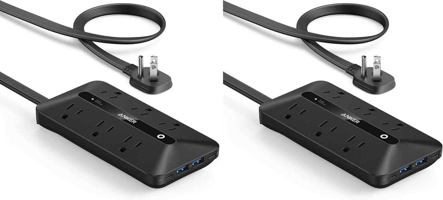 Anker 300J enchufe plano 10 en 1 regleta ultradelgada con 6 CA, 2 puertos USB-A y 2 USB-C, cable de extensión, estación de carga de escritorio para el hogar, oficina, universidad, dormitorio, 5 pies, negro (paquete de 2)