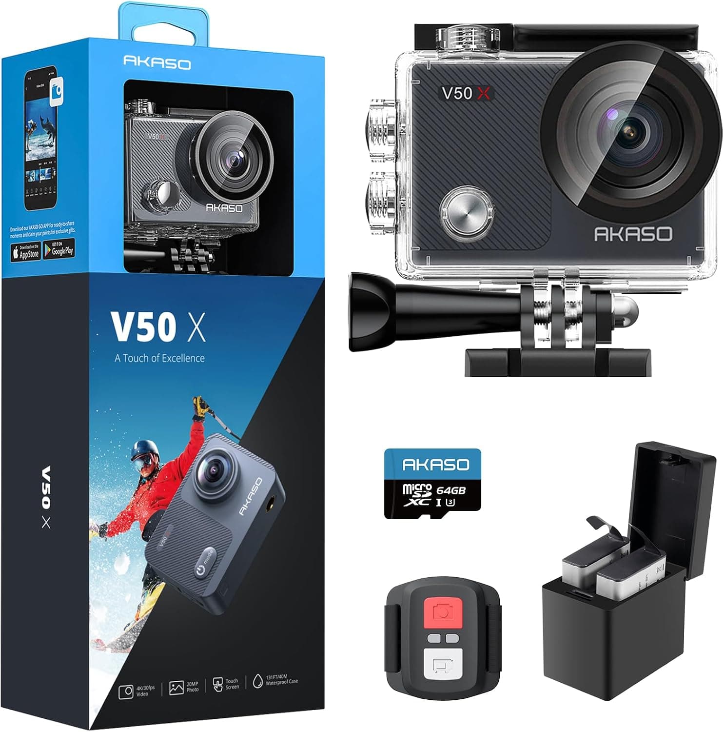 AKASO V50X Cámara de acción nativa WiFi 4K30fps con pantalla táctil EIS Zoom 4X Cámara impermeable de 131 pies Soporte de micrófono externo Control remoto con accesorios para casco (con tarjeta MicroSD de 64 GB) | EIS, WiFi, pantalla táctil, cámara impermeable con zoom 4X de 131 pies, control remoto, soporte para micrófono externo, con accesorios para casco