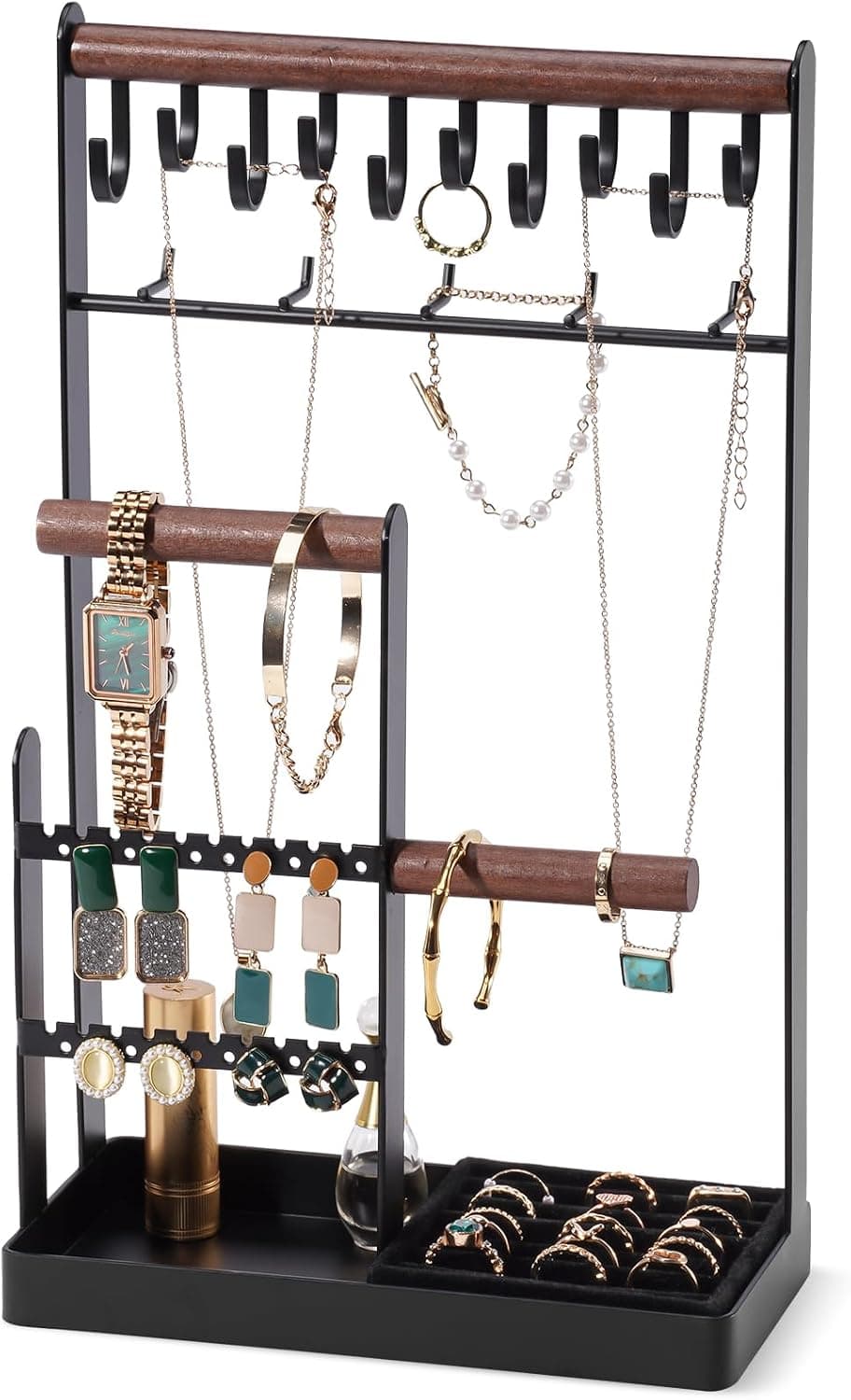 ProCase Organizador de Joyas Soporte para Joyas Organizador de Joyas, Organizador de Collares de 5 Niveles con Bandeja para Anillos, Torre de Almacenamiento de Joyería Estética Grande Árbol para Pulseras Pendientes Anillos - Grande, Negro