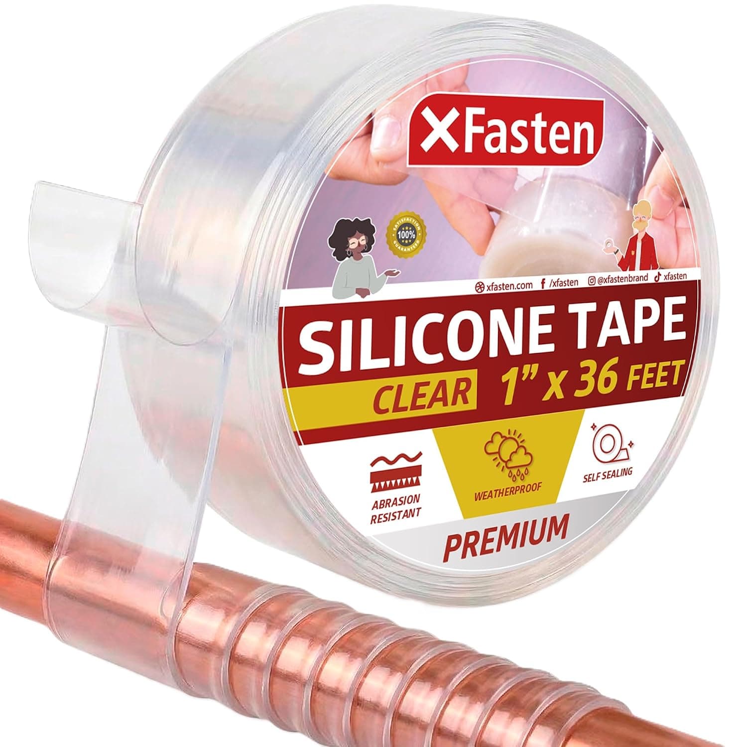 Cinta de silicona autofusible XFasten impermeable transparente – 1" x 36 pies, cinta autoamalgamante, goma de silicona para fontanería, tuberías de sellado, reparación de mangueras, cableado para exteriores y cables eléctricos – Resistente a la intemperie