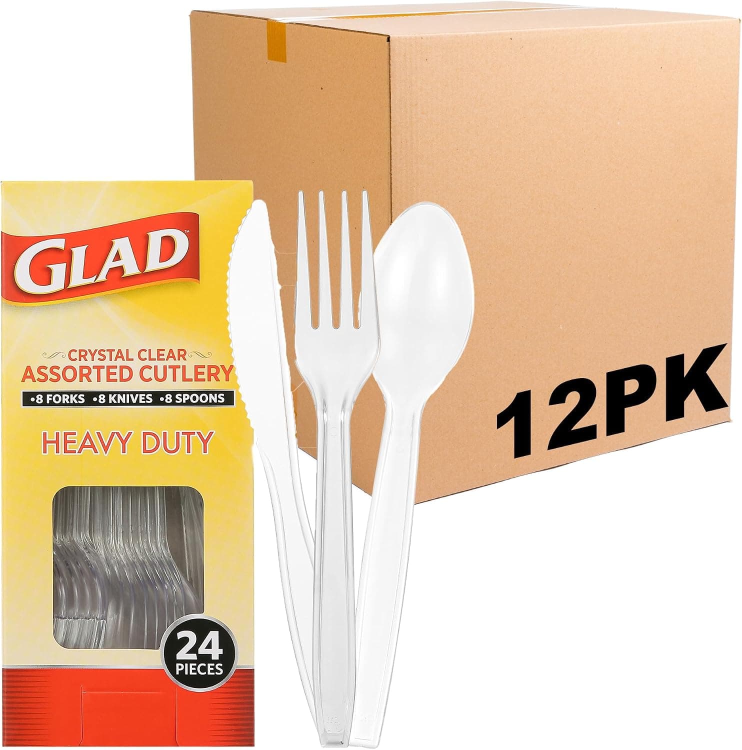 Juego de cubiertos desechables Glad Clear, cuchillos y cucharas para tenedores, 24 unidades, 12 paquetes | Utensilios de plástico resistentes aptos para lavavajillas reutilizables para fiestas y comidas diarias