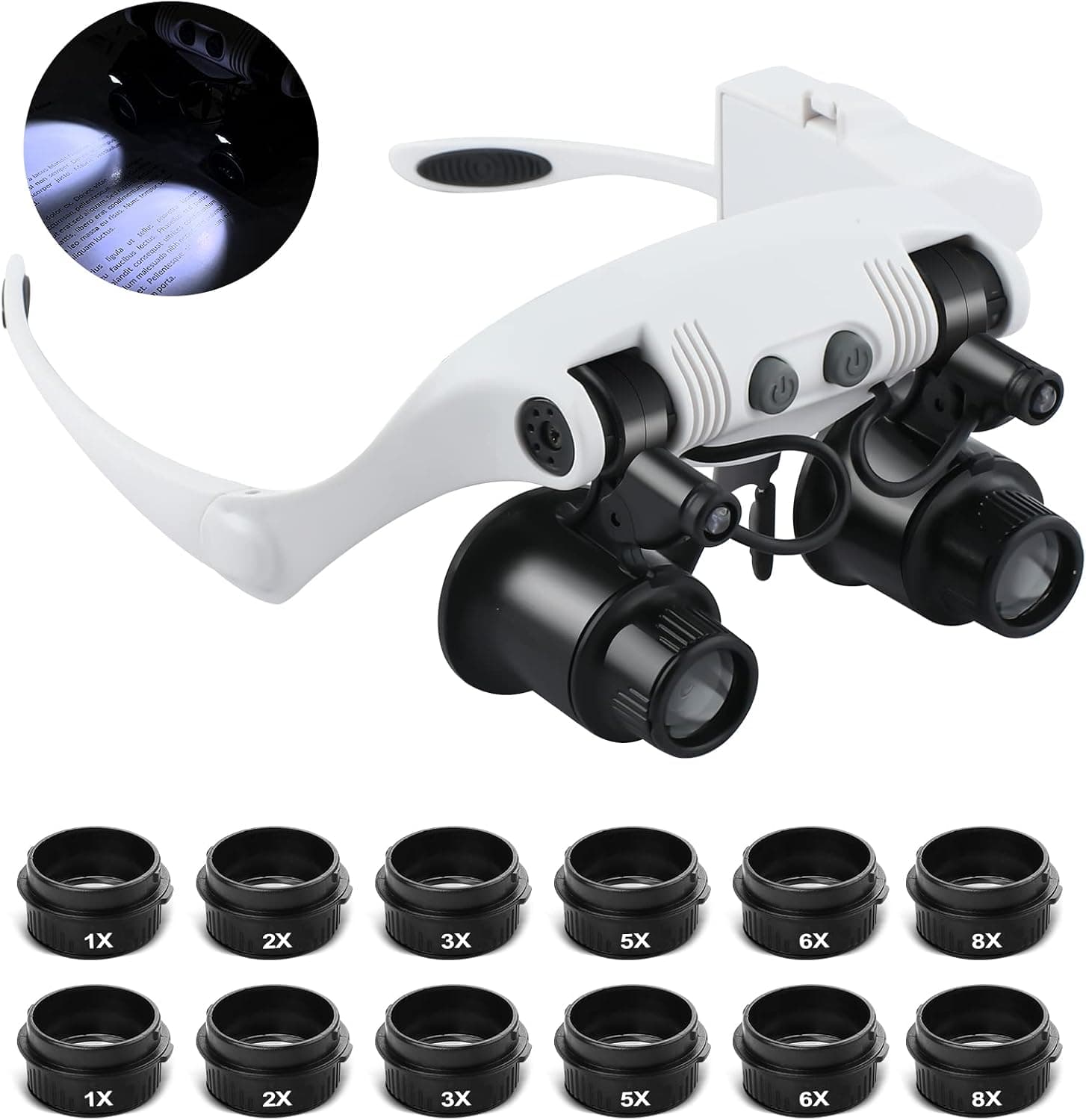 Lupa de Cabeza Manos Libres, Lupa con Luz, 1X, 2X, 3X, 5X, 6X, 8X, Ideal para Joyería, Extensiones de Pestañas, Soldadura, Manualidades, Punto de Cruz