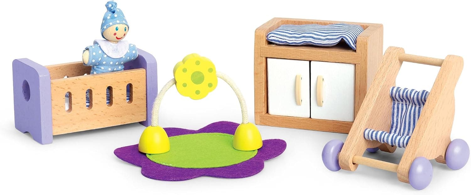 Muebles de madera para casa de muñecas Hape para habitación de bebé con bebé| Juego de simulación para casa de muñecas de madera para niños