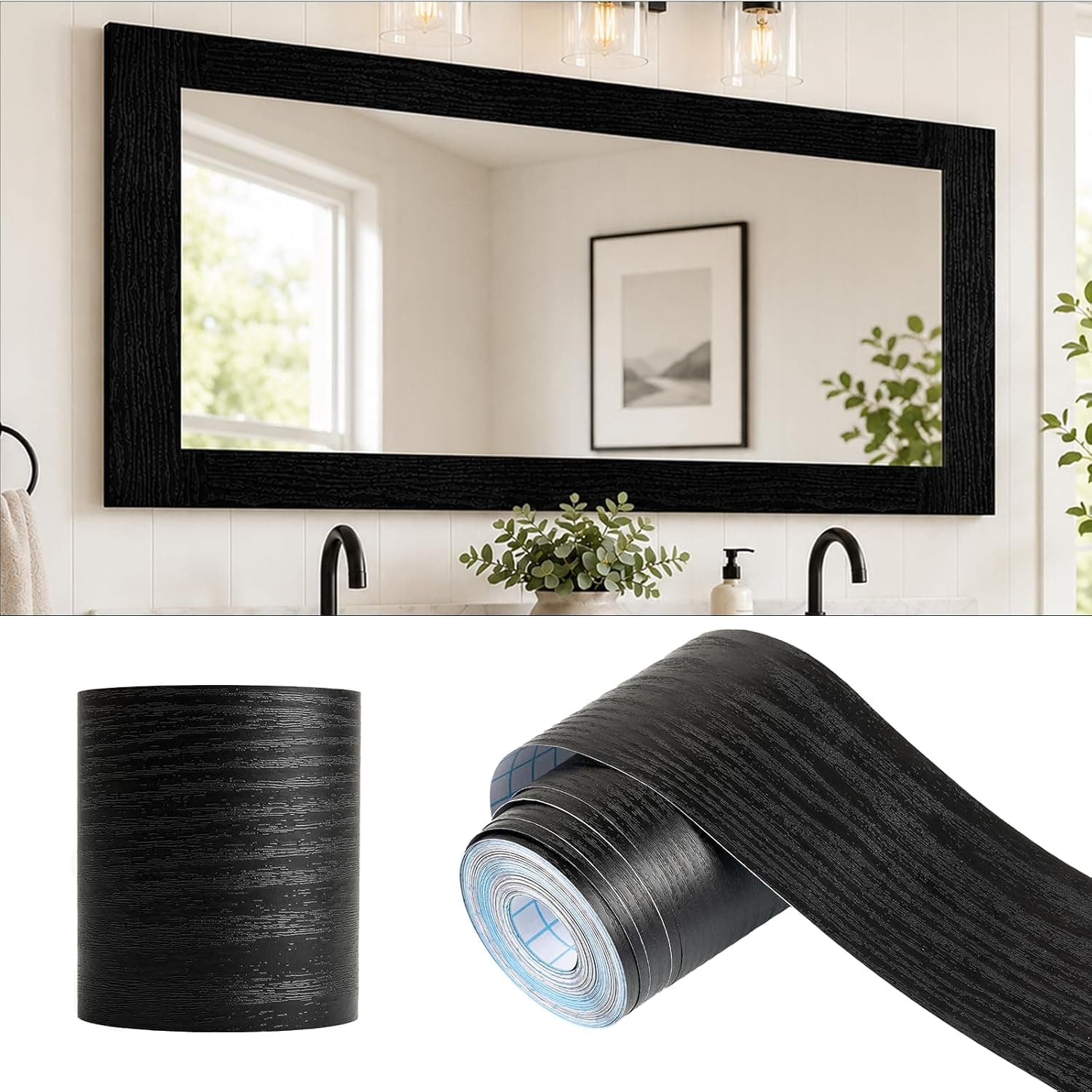 Alened Borde de espejo negro de 10 m, despegable y pegado, borde de papel pintado de grano de madera | Cinta autoadhesiva para marco de espejo de baño, pegatina decorativa impermeable para borde de espejo, moldura extraíble para cocina de 2 "x 393"