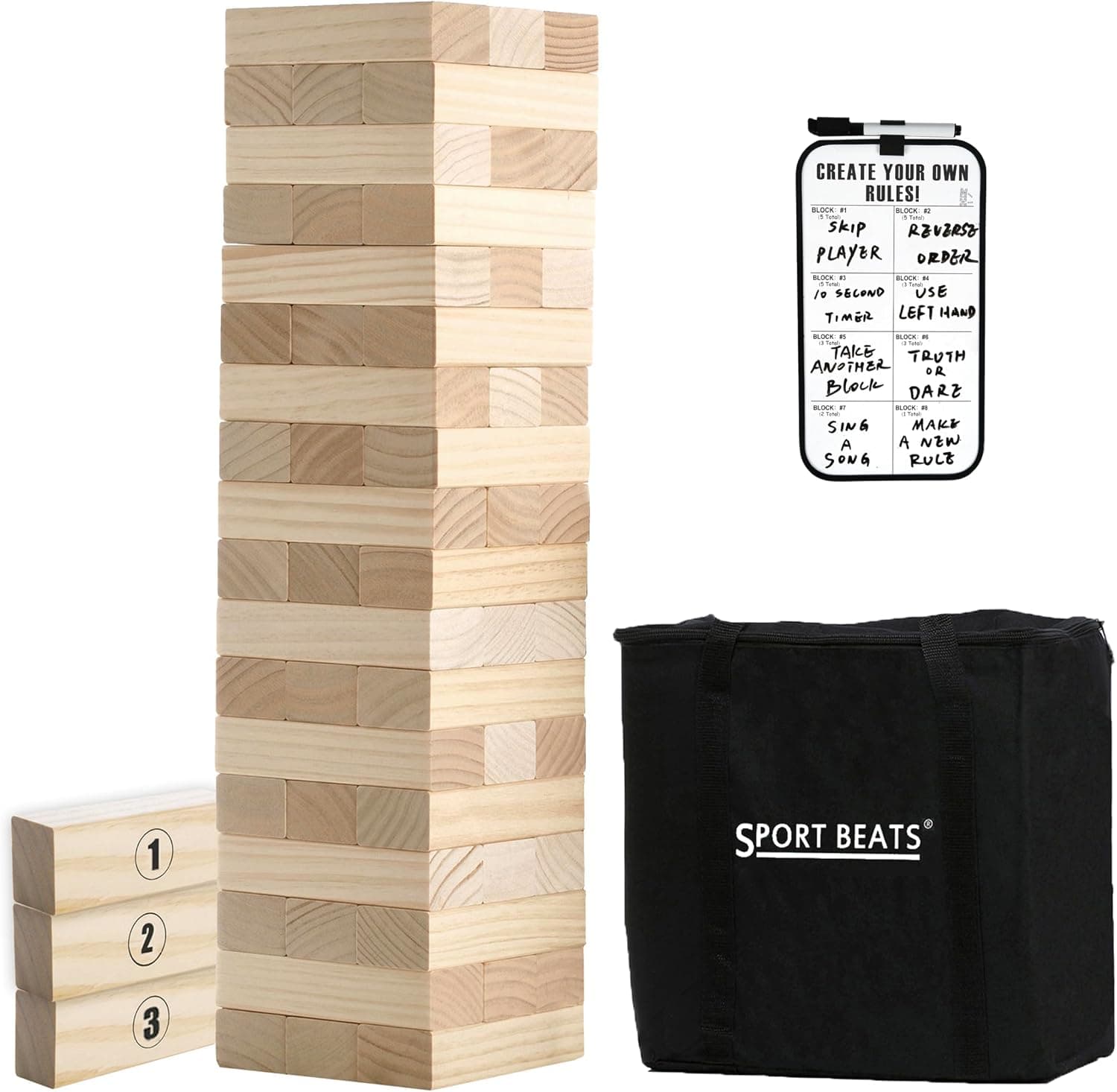 SPORT BEATS Outdoor Games Large Wooden Tower Stacking Game Stack up to 4 FT | 54 Wooden Blocks, Custom Rules Board, Carrying Bag, for Backyard Parties, Camping, Tailgating